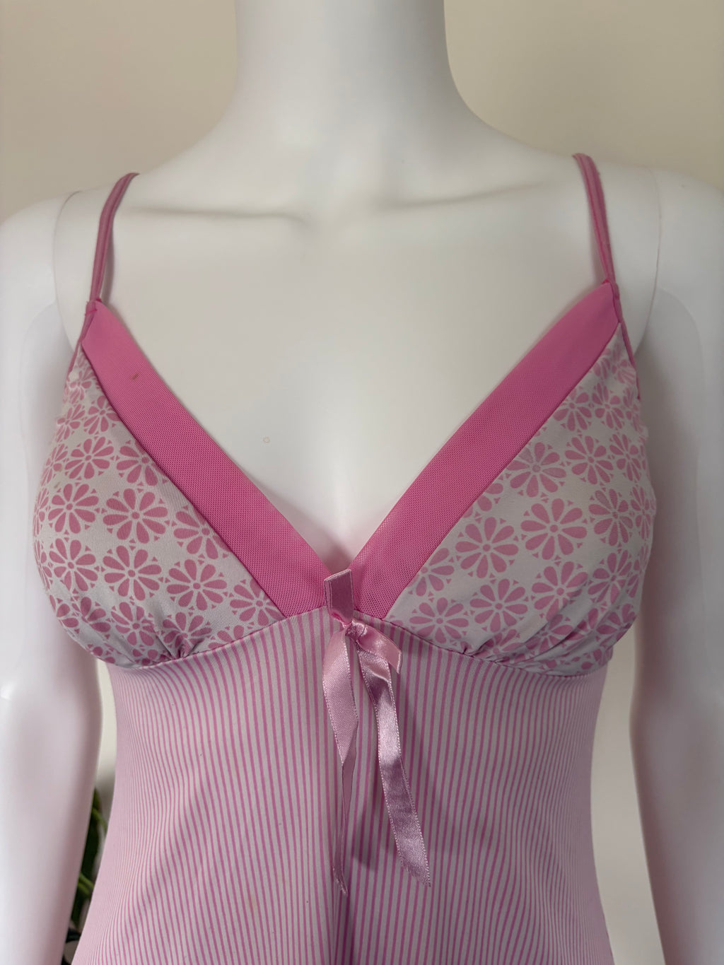 Vintage 2000s Pink Pinstripe and Floral Mini with Mesh Ruffle Hem