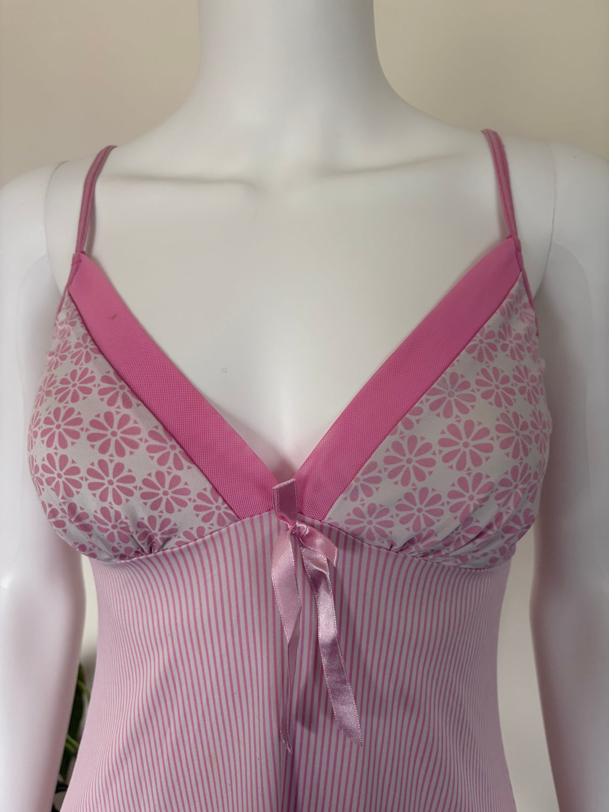 Vintage 2000s Pink Pinstripe and Floral Mini with Mesh Ruffle Hem