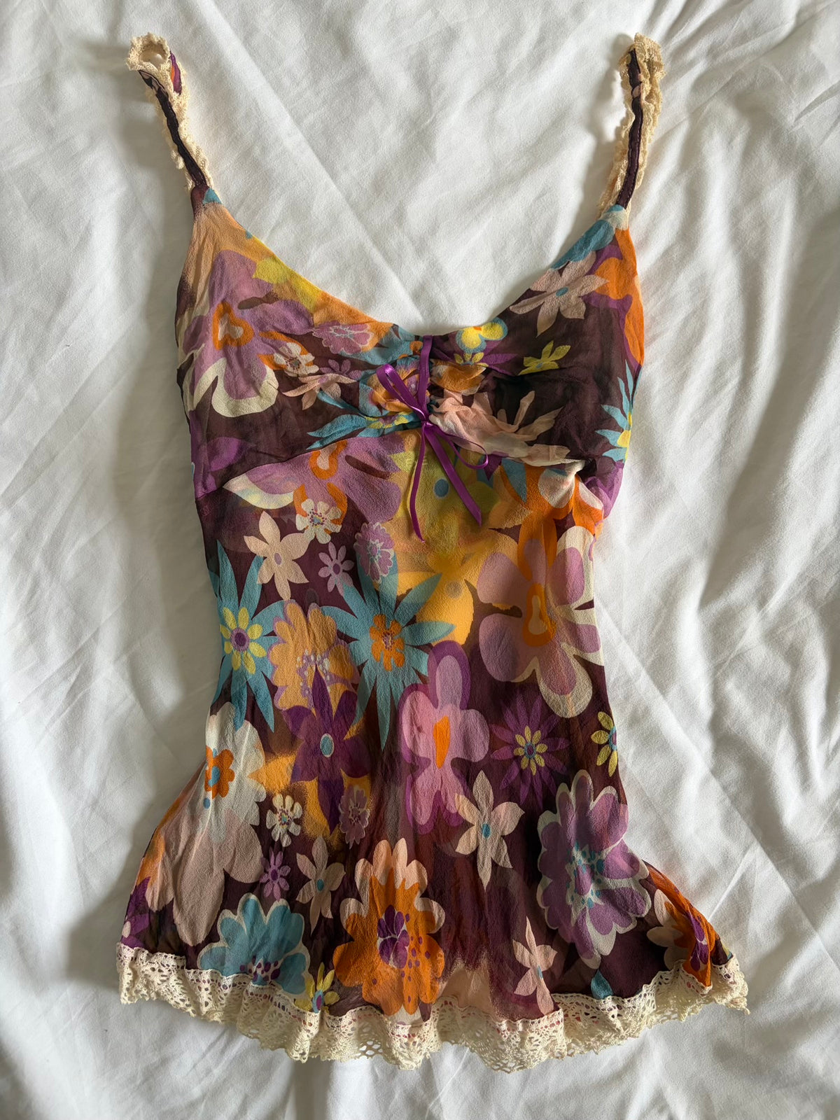 Vintage 1990s Italian Silk Floral Cami with Crochet Detail