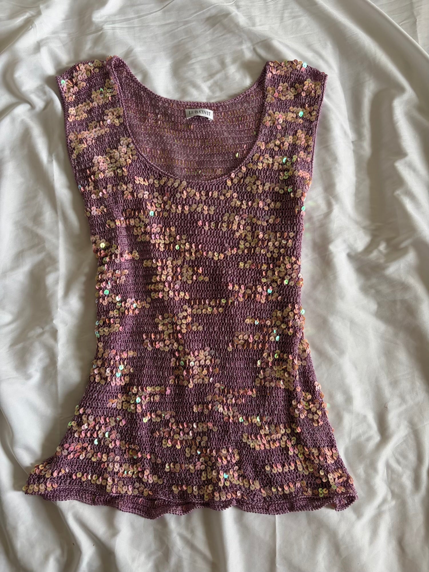Vintage Y2K lilac and pink sequin crochet cami
