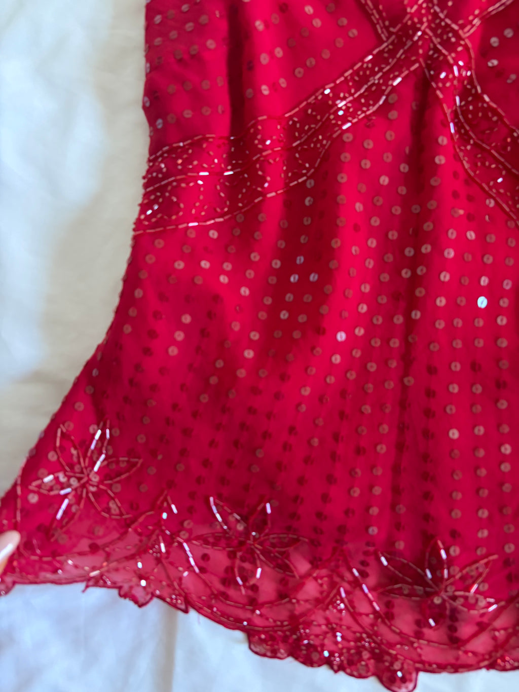 Vintage Y2K Silk Red Sequin and Beaded Cap Sleeve Top