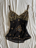 Vintage Y2K Aftershock Silk Black Cami with Gold and Silver Beads and Sequins