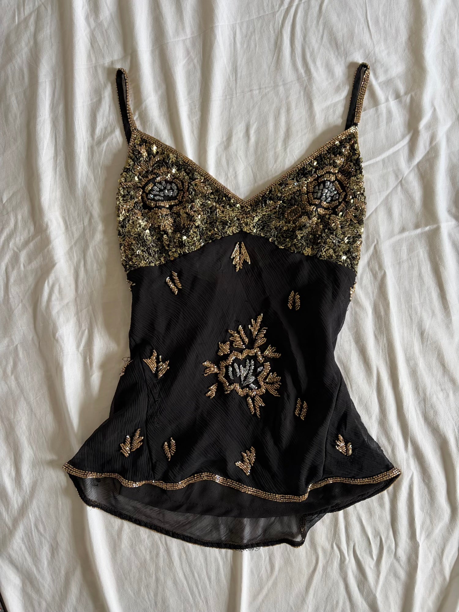 Vintage Y2K Aftershock Silk Black Cami with Gold and Silver Beads and Sequins