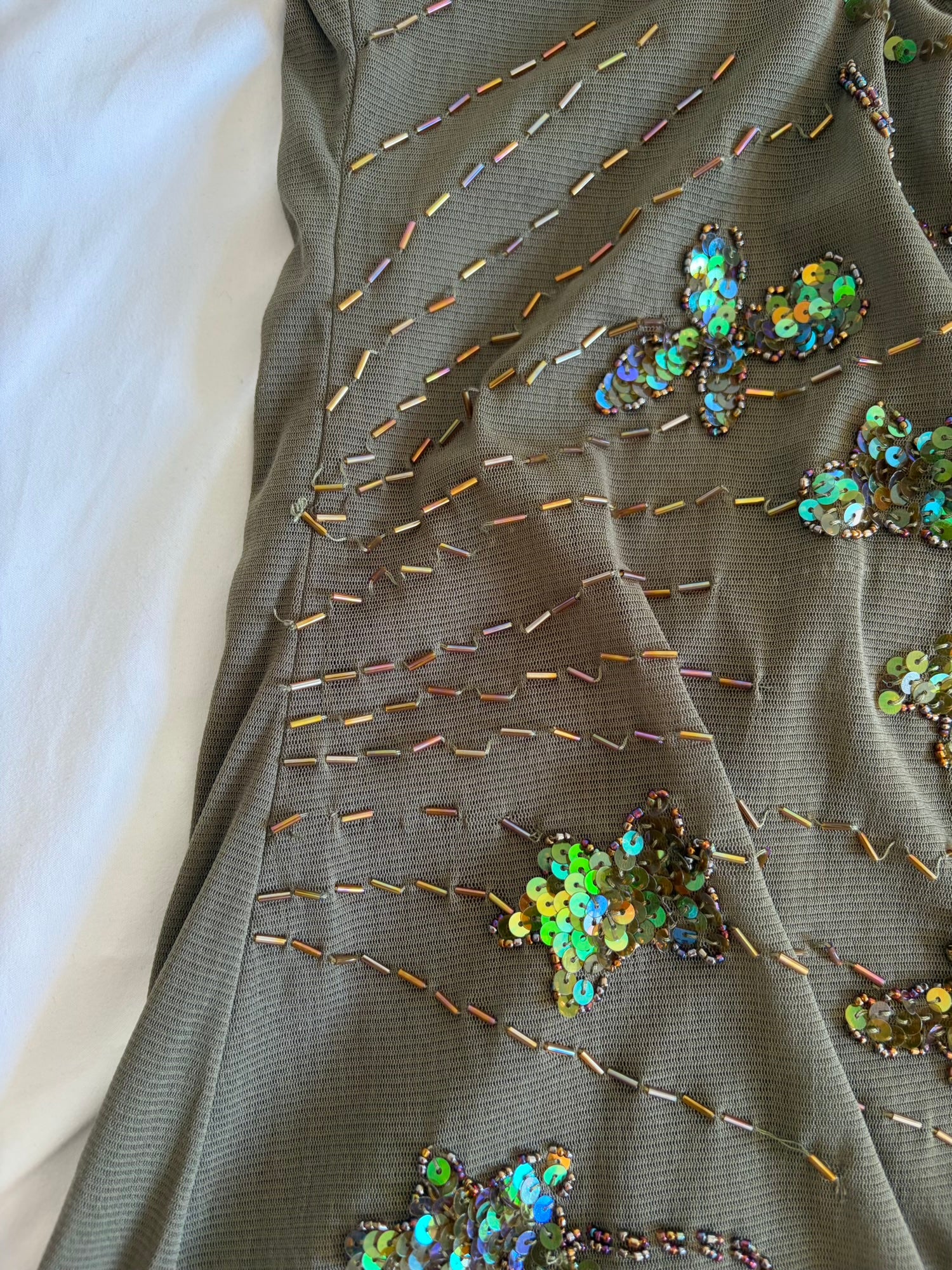 Vintage Y2K dark forest green sequin and beaded handkerchief hem cami
