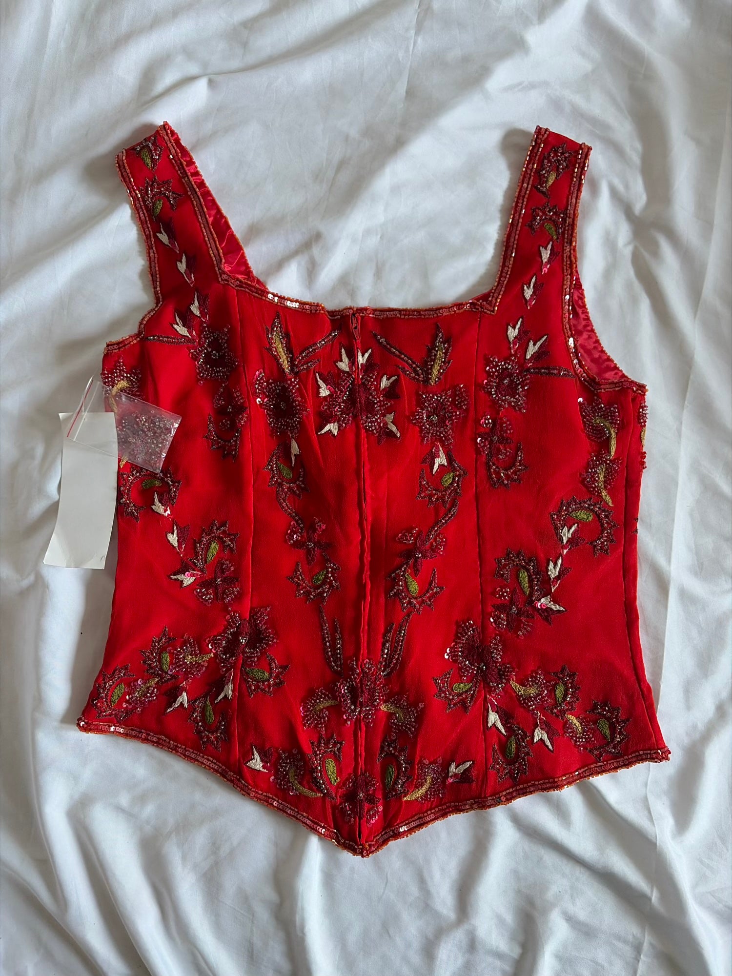 Vintage Y2K Silk Red Beaded and Sequin Basque Waist Top
