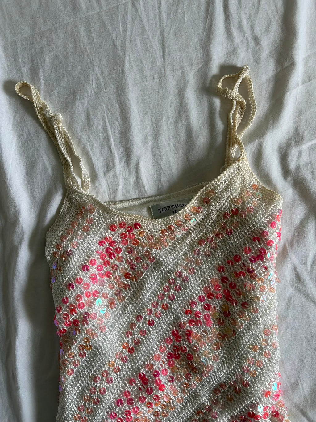 Vintage Y2K Crochet Cami with Pink Iridescent Sequins and Asymmetrical Hem