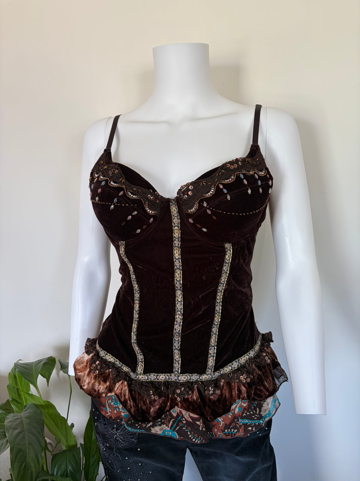 Vintage 1990s Lov3e French Brown Whimsy Sequin Corset Top, UK 12–14