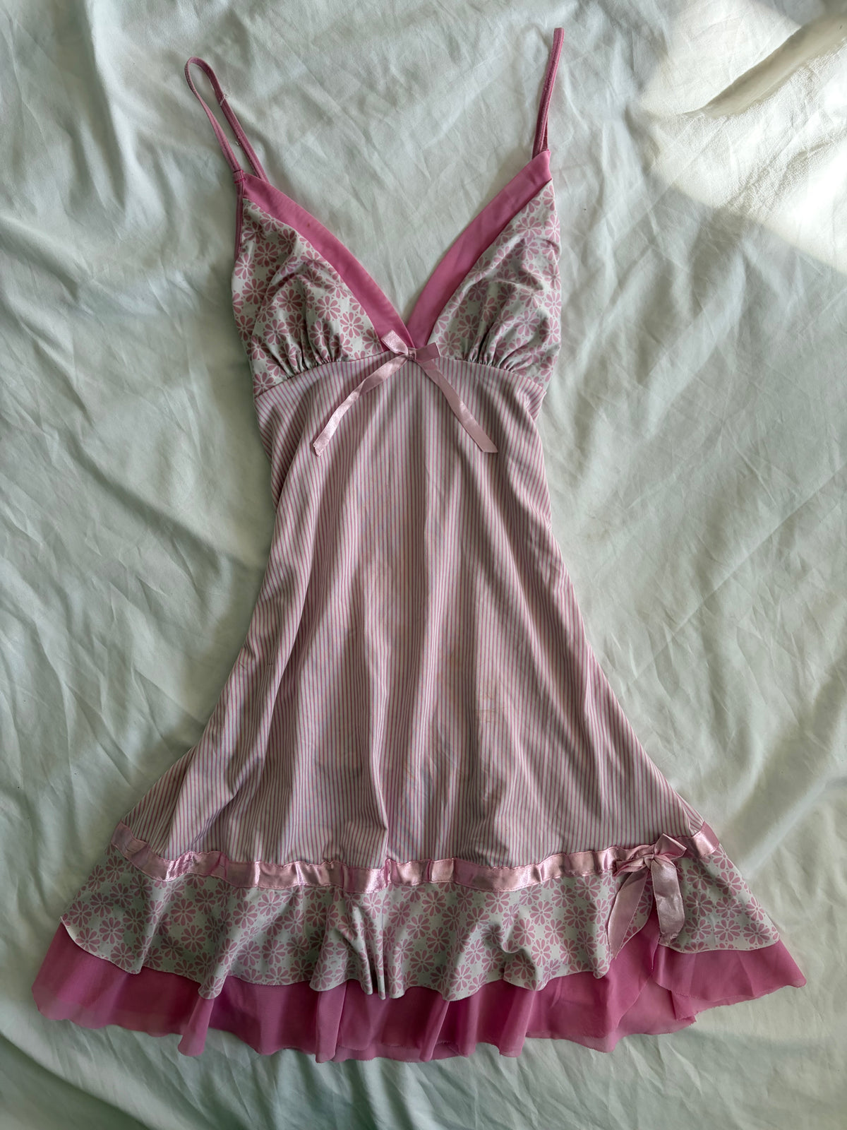 Vintage 2000s Pink Pinstripe and Floral Mini with Mesh Ruffle Hem