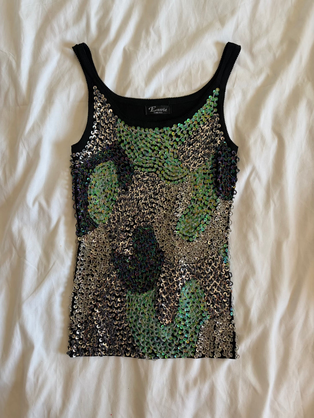 Vintage Y2K heavily embellished tank with contrast seafoam green sequin and beads