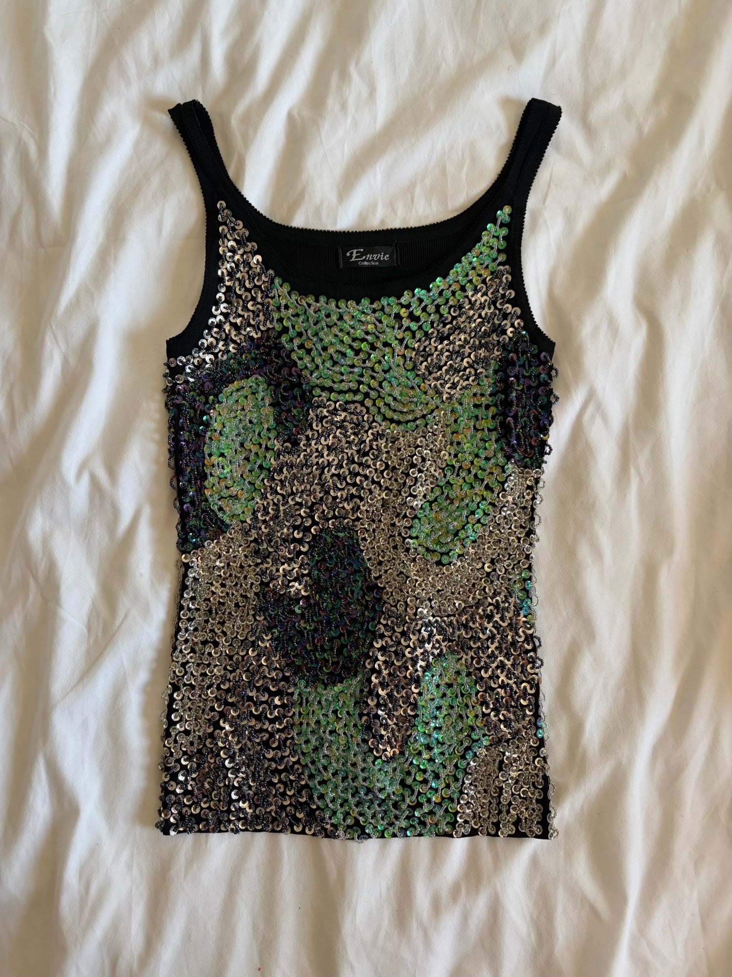 Vintage Y2K heavily embellished tank with contrast seafoam green sequin and beads
