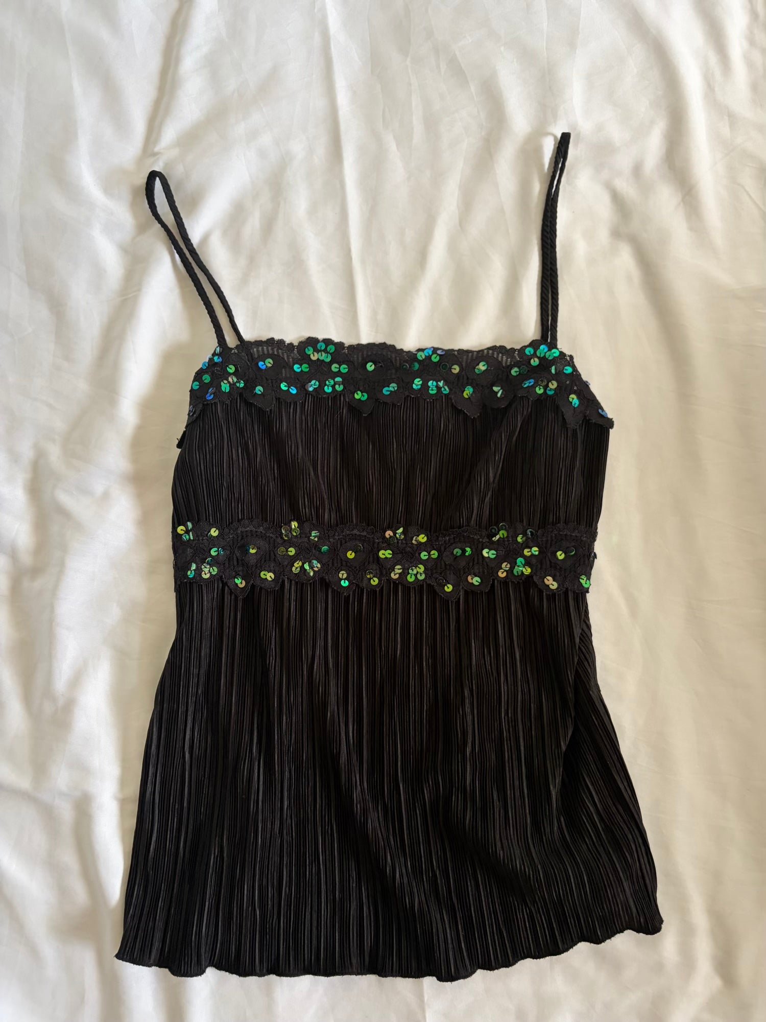Vintage Y2K Black Plisse Cami with Iridescent Sequins