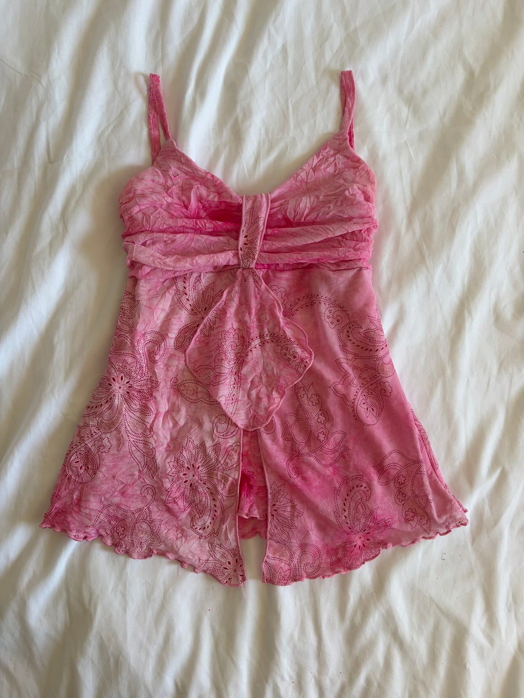 Vintage pink knot bust cami with floral print and sparkly detail and lettuce hem