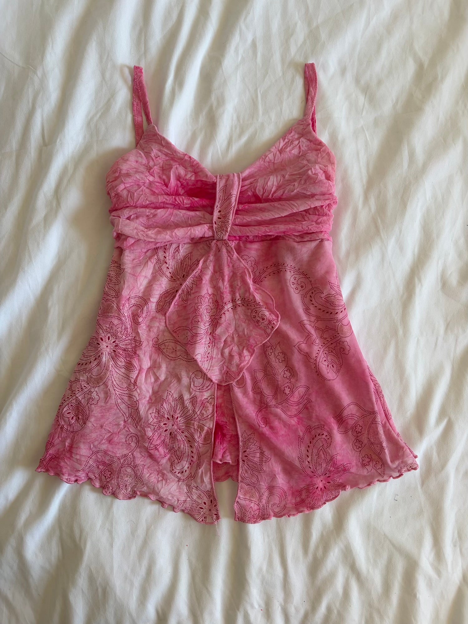Vintage pink knot bust cami with floral print and sparkly detail and lettuce hem