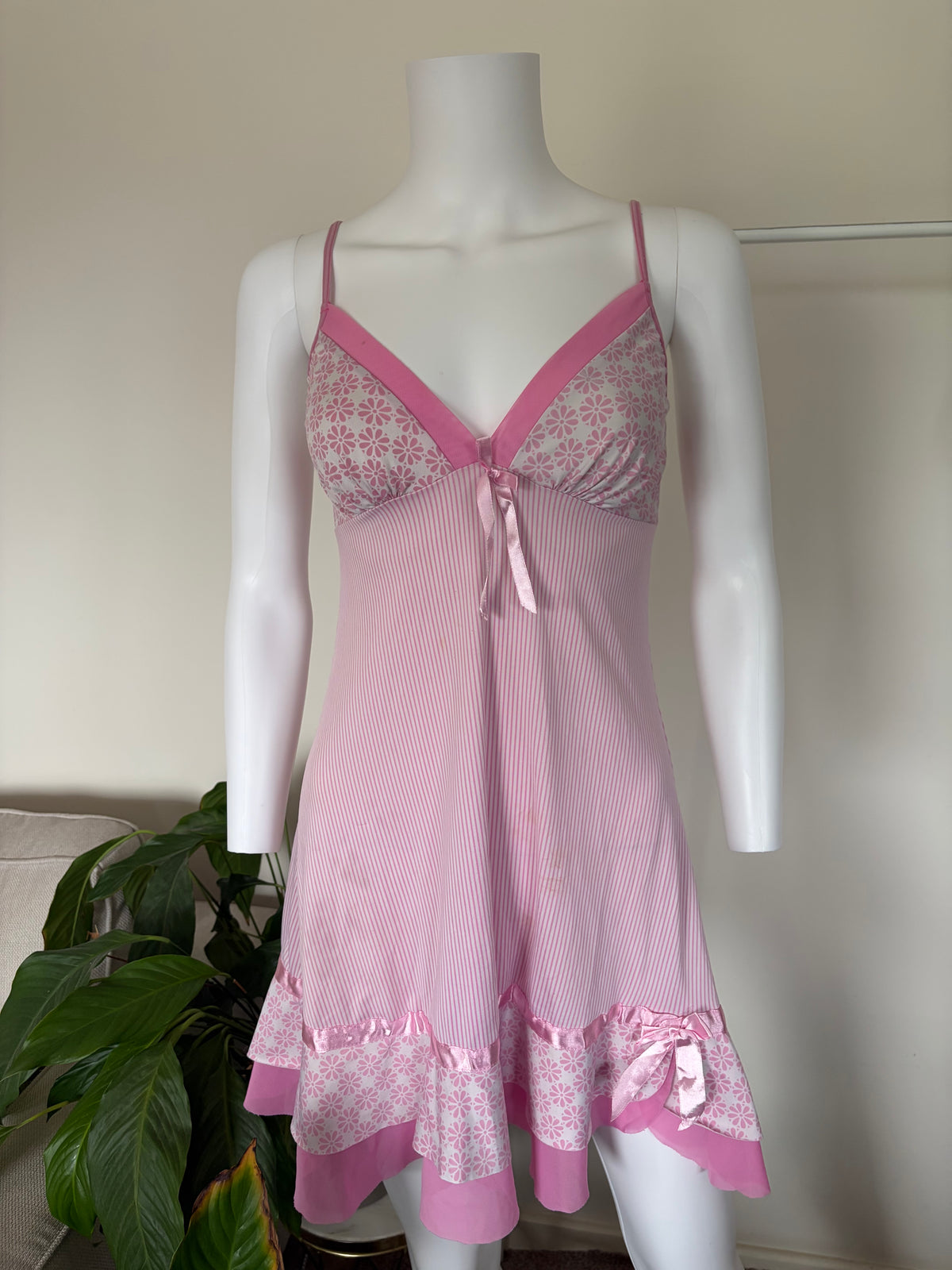 Vintage 2000s Pink Pinstripe and Floral Mini with Mesh Ruffle Hem
