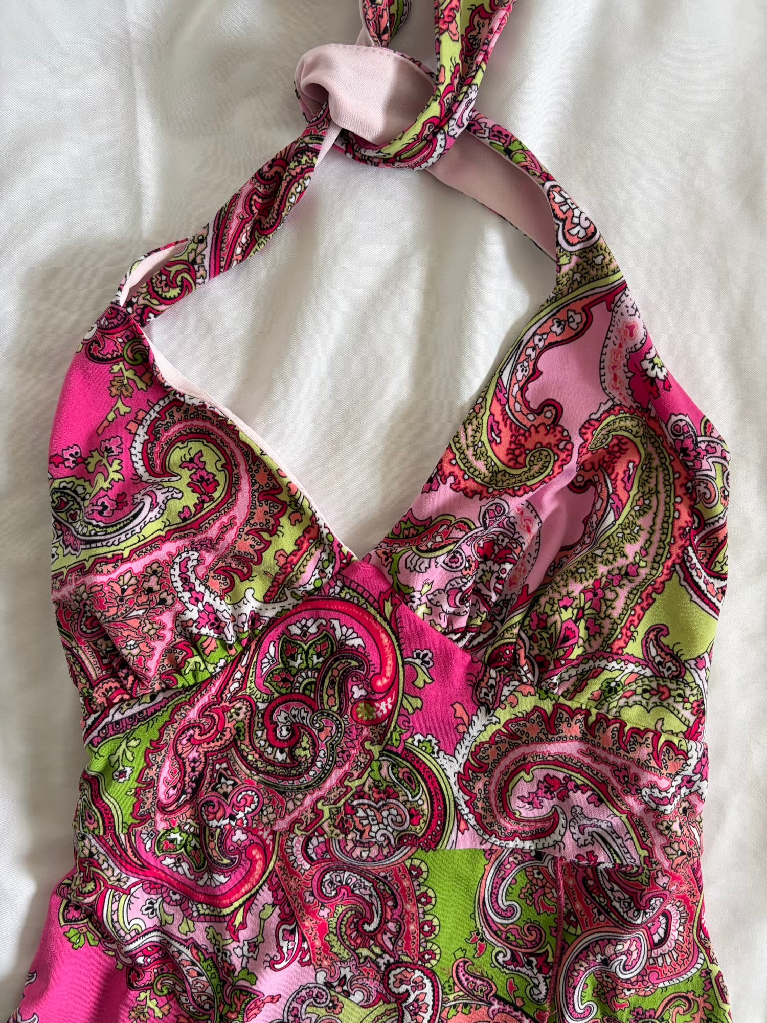 Vintage Y2K Pink and Green Paisley Halterneck Cami