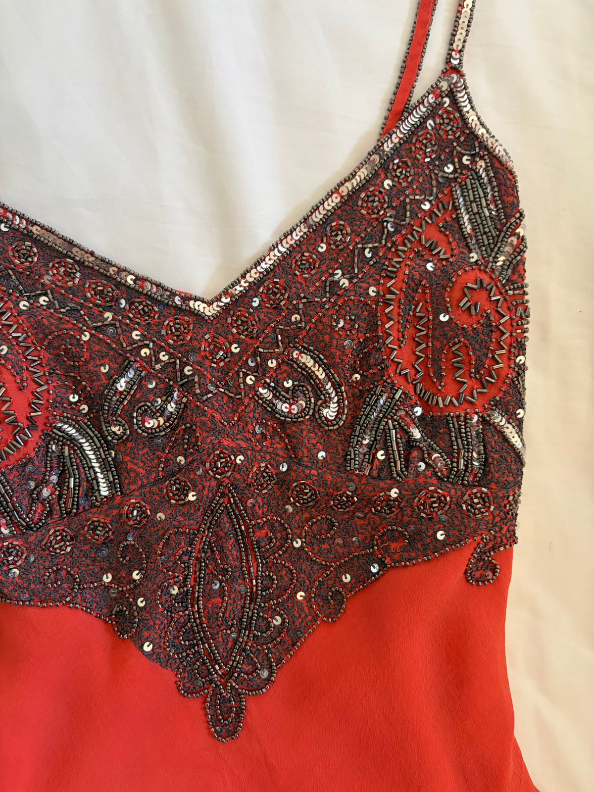 Vintage Y2K Aftershock Silk Coral Cami with Gunmetal Grey Sequin and Beaded Embellishment