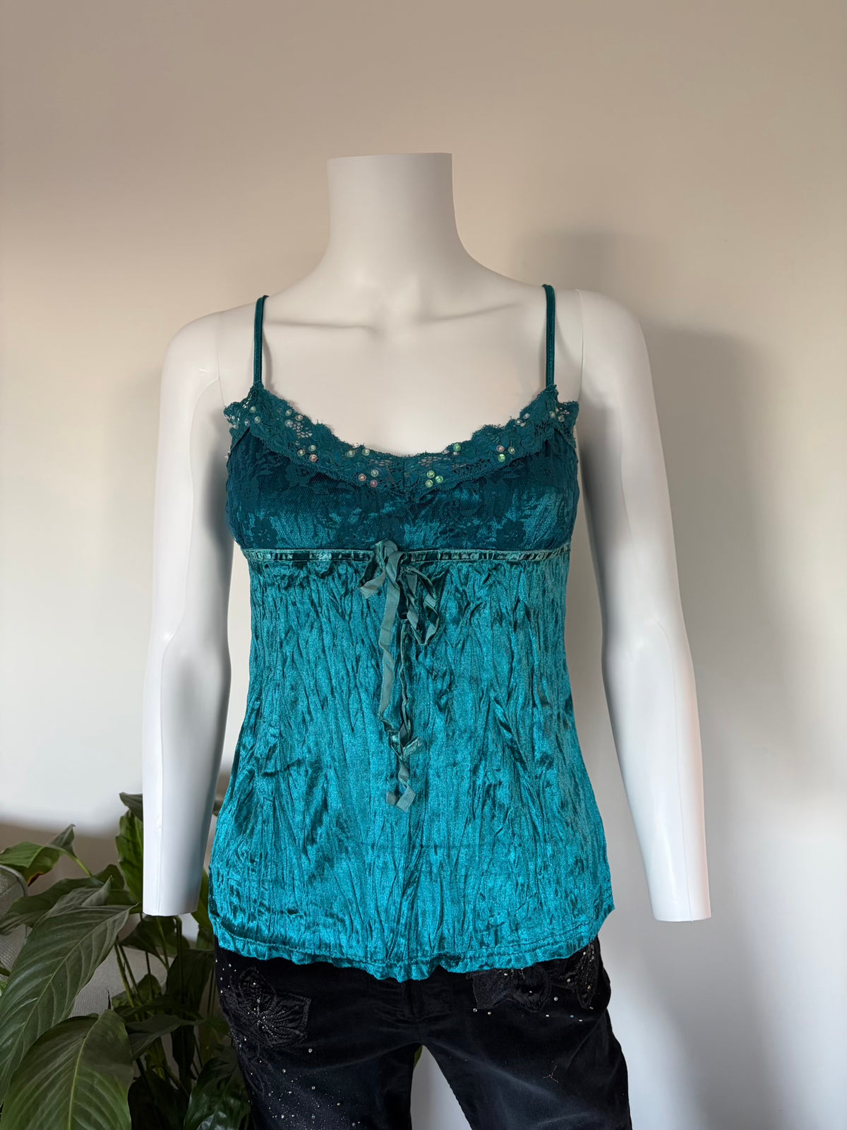 Vintage 2000s Teal Velvet Cami with Sequins, Beads and Ribbon Detail
