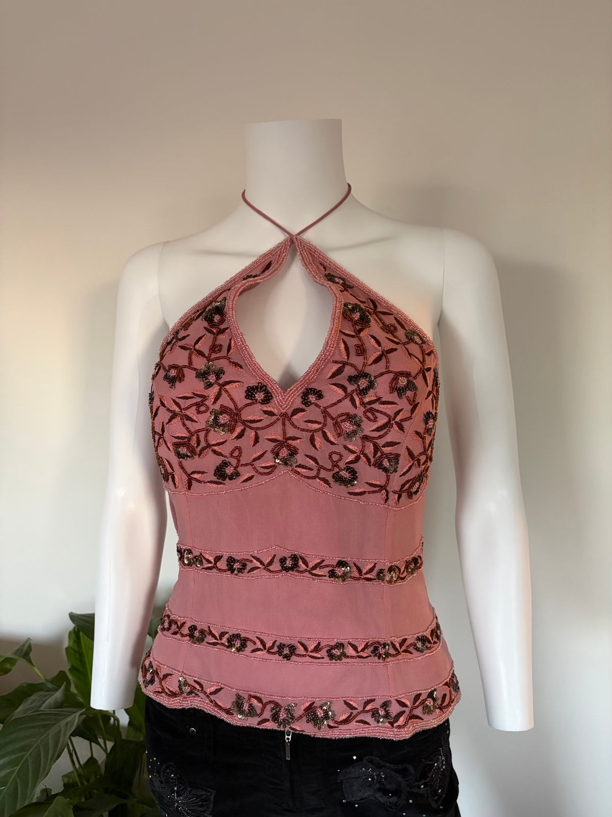 Vintage 2000s Aftershock Silk Dusty Pink Beaded Corset-Style Halter