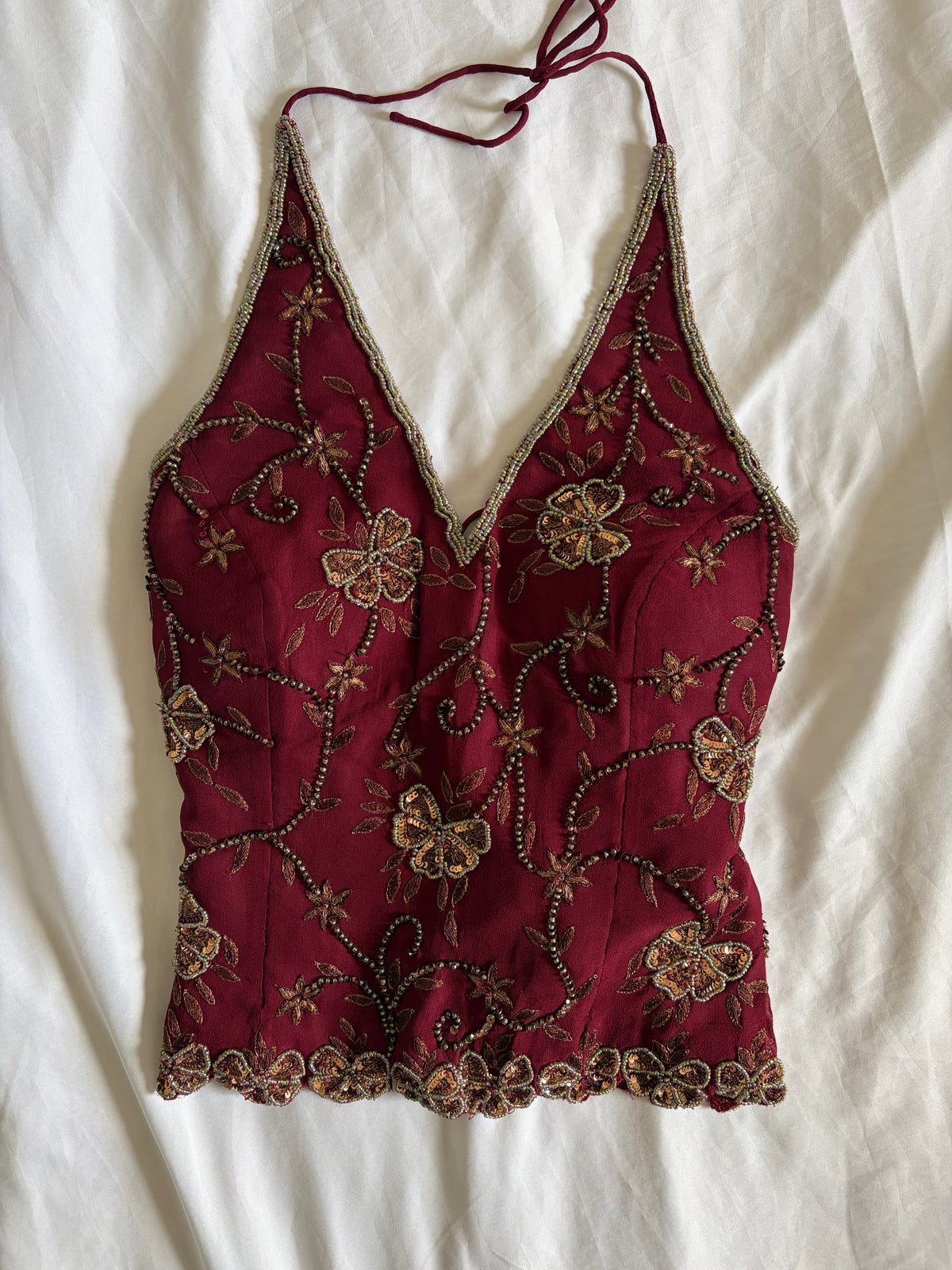 Vintage 2000s Banke B Silk Burgundy Bronze Sequin and Beaded Corset Halter, UK 8–10