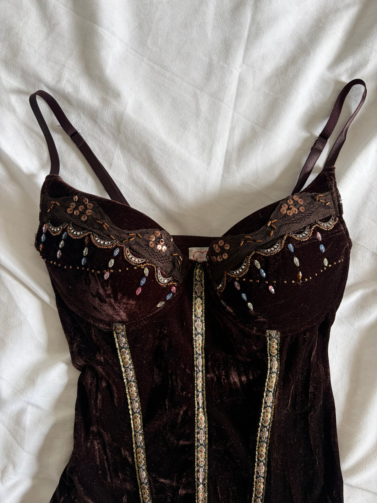Vintage 1990s Lov3e French Brown Whimsy Sequin Corset Top, UK 12–14