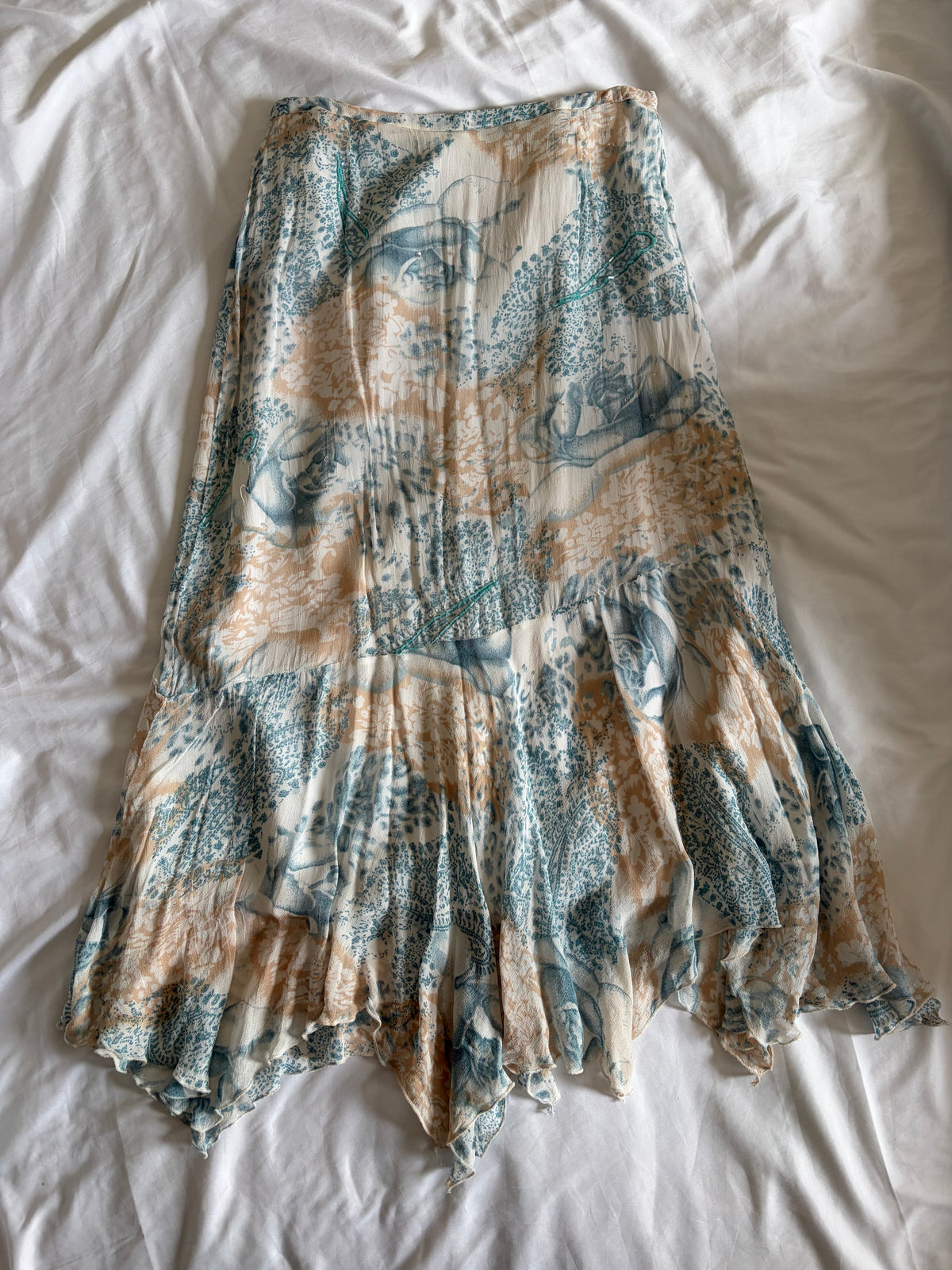 Vintage 1990s Pomodoro Champagne and Blue Beaded Asymmetrical Hem Skirt
