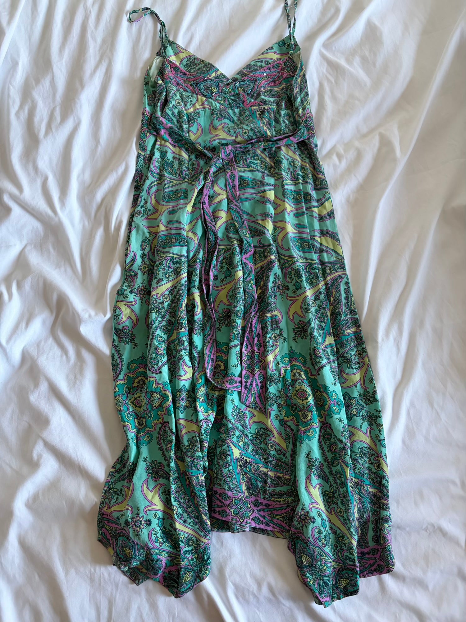 Vintage Y2K paisley silk tie back midi dress with beaded and sequin detail and handkerchief hem