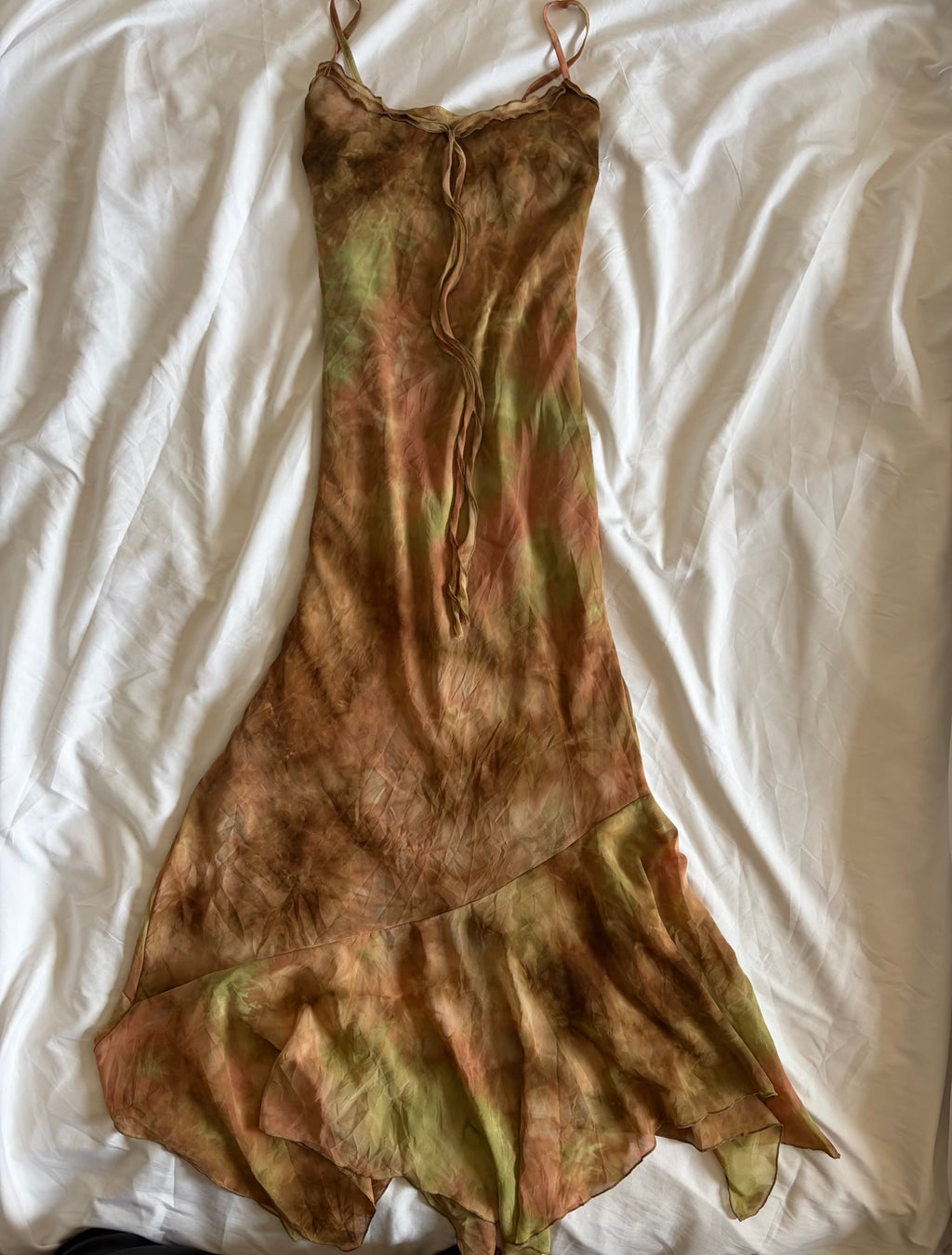 Vintage 1990s Tie Dye Asymmetrical Ruffle Hem Forest Fairy Maxi Dress