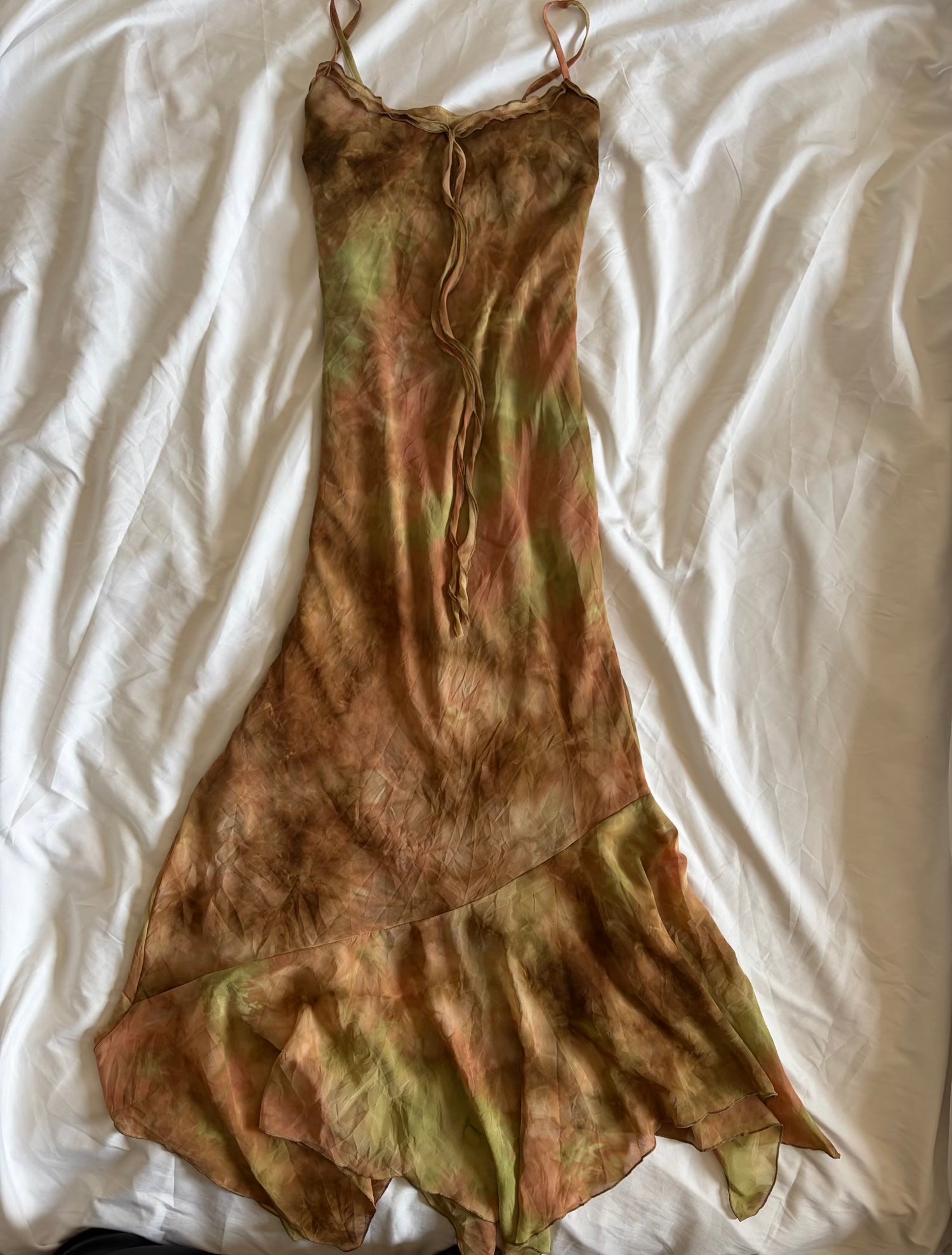Vintage 1990s Tie Dye Asymmetrical Ruffle Hem Forest Fairy Maxi Dress
