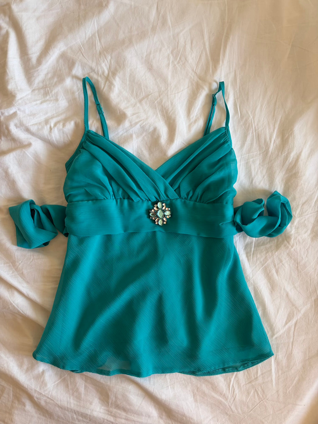 Vintage Y2K teal tie back floaty fairy cami with embellished brooch