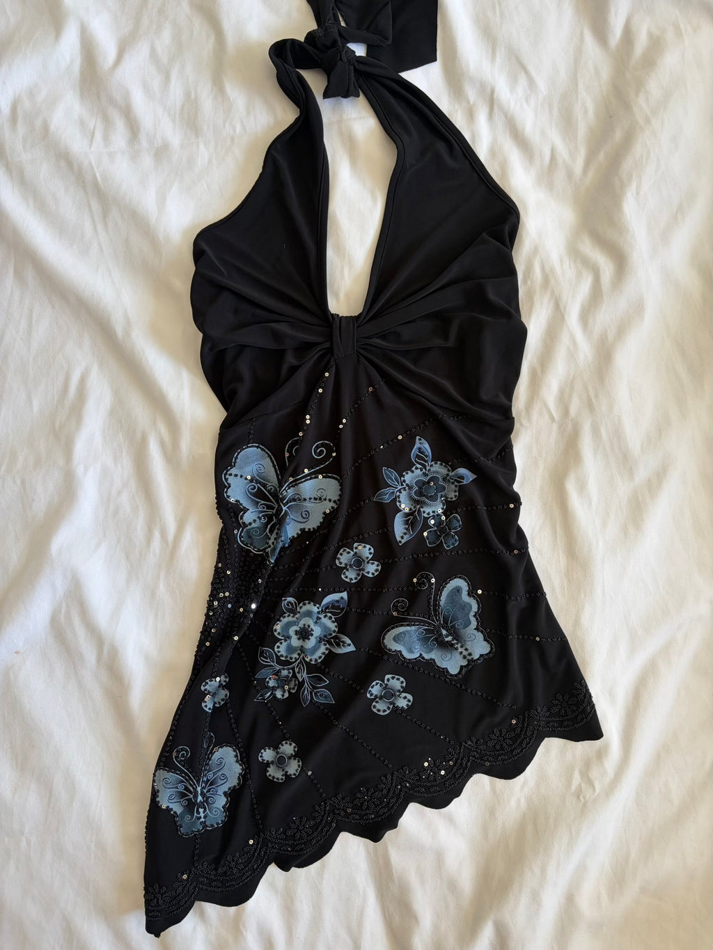Vintage 1990s black halterneck asymmetrical hem cami with butterfly graphic, beads and sequins
