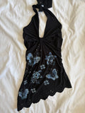 Vintage 1990s black halterneck asymmetrical hem cami with butterfly graphic, beads and sequins