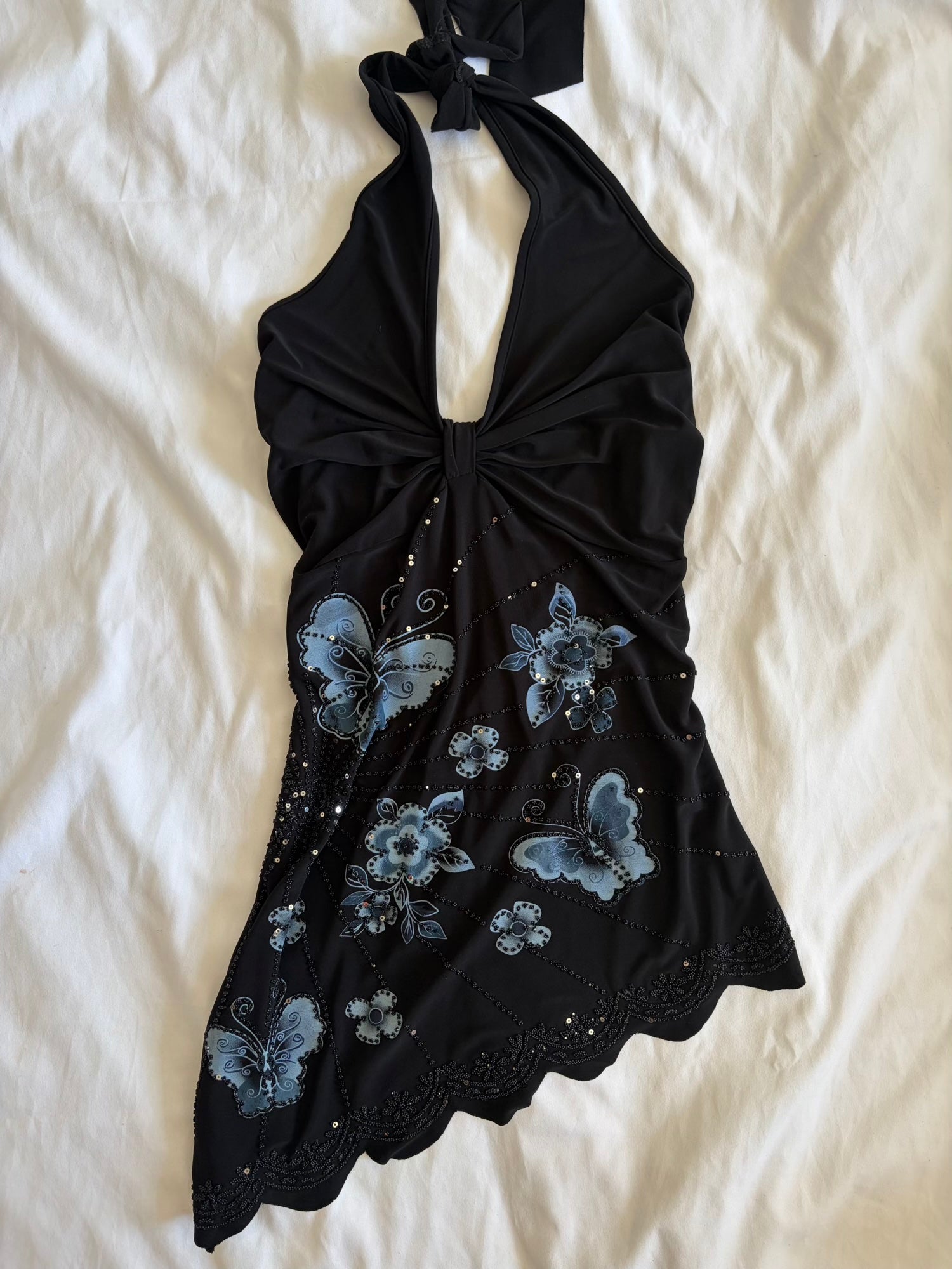 Vintage 1990s black halterneck asymmetrical hem cami with butterfly graphic, beads and sequins