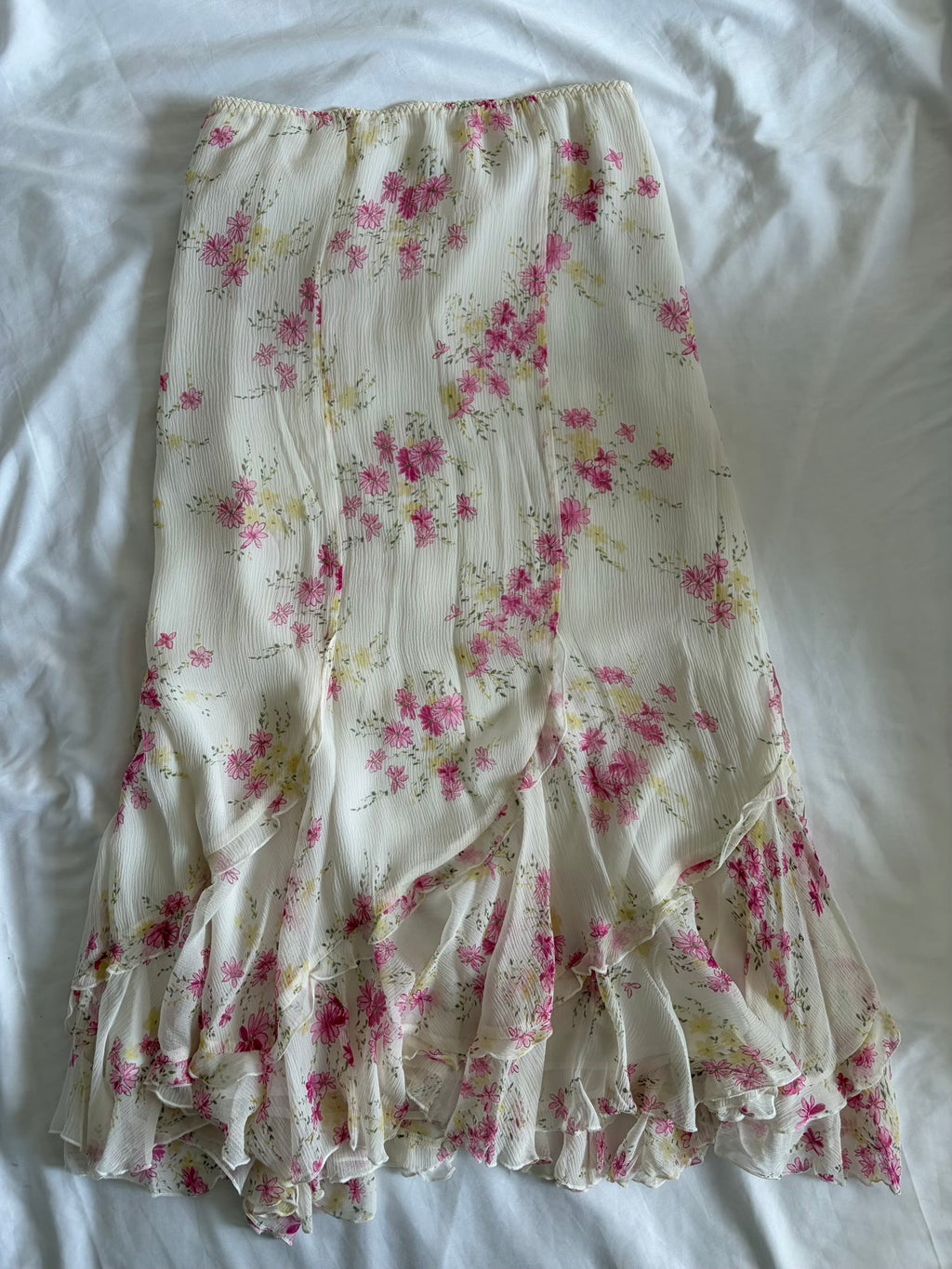 Vintage 1990s Silk Romantic Floral Skirt with Ruffle Hem