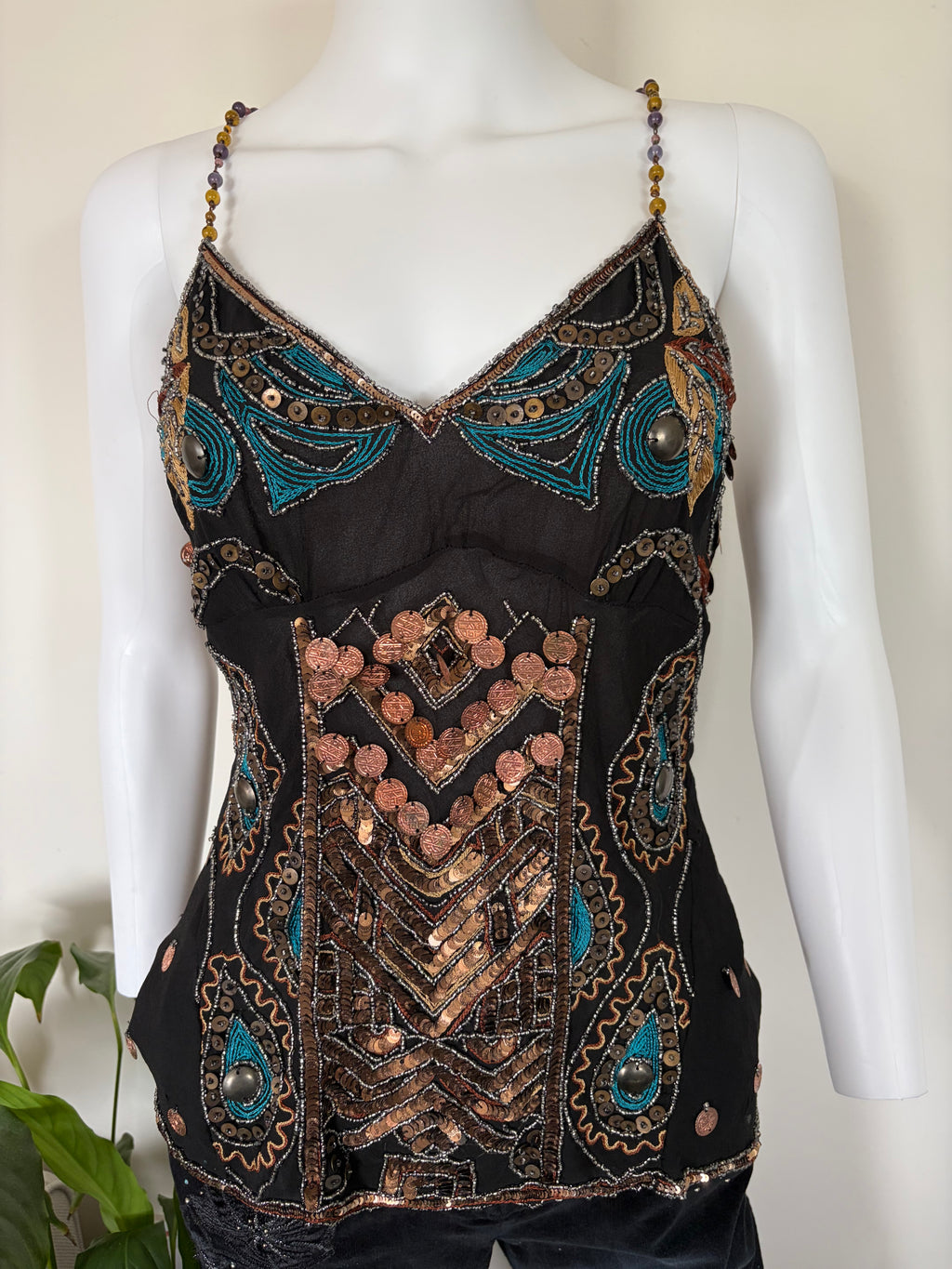 Vintage Aftershock Silk Black Embellished Sequin and Beaded Cami