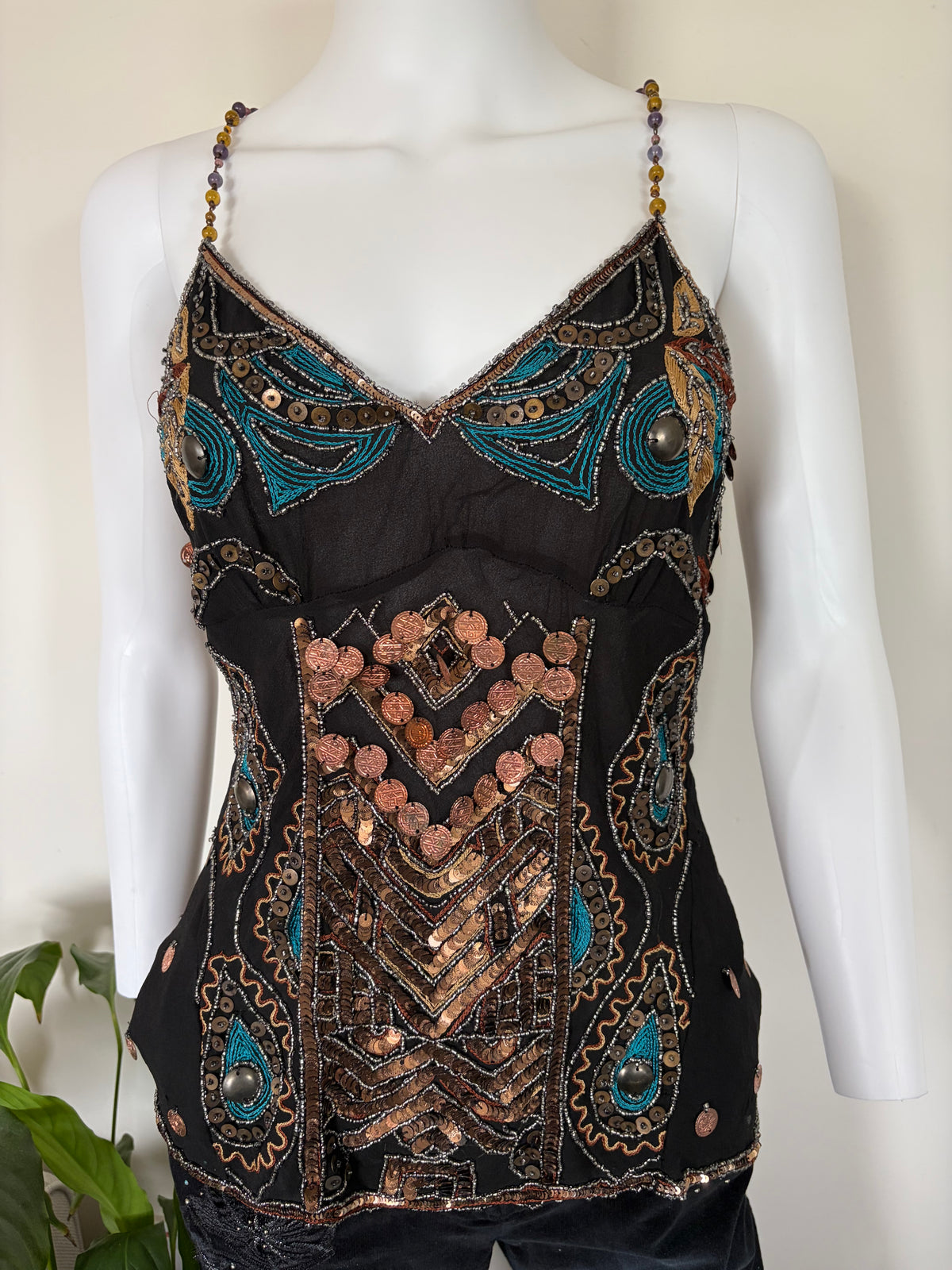Vintage Aftershock Silk Black Embellished Sequin and Beaded Cami