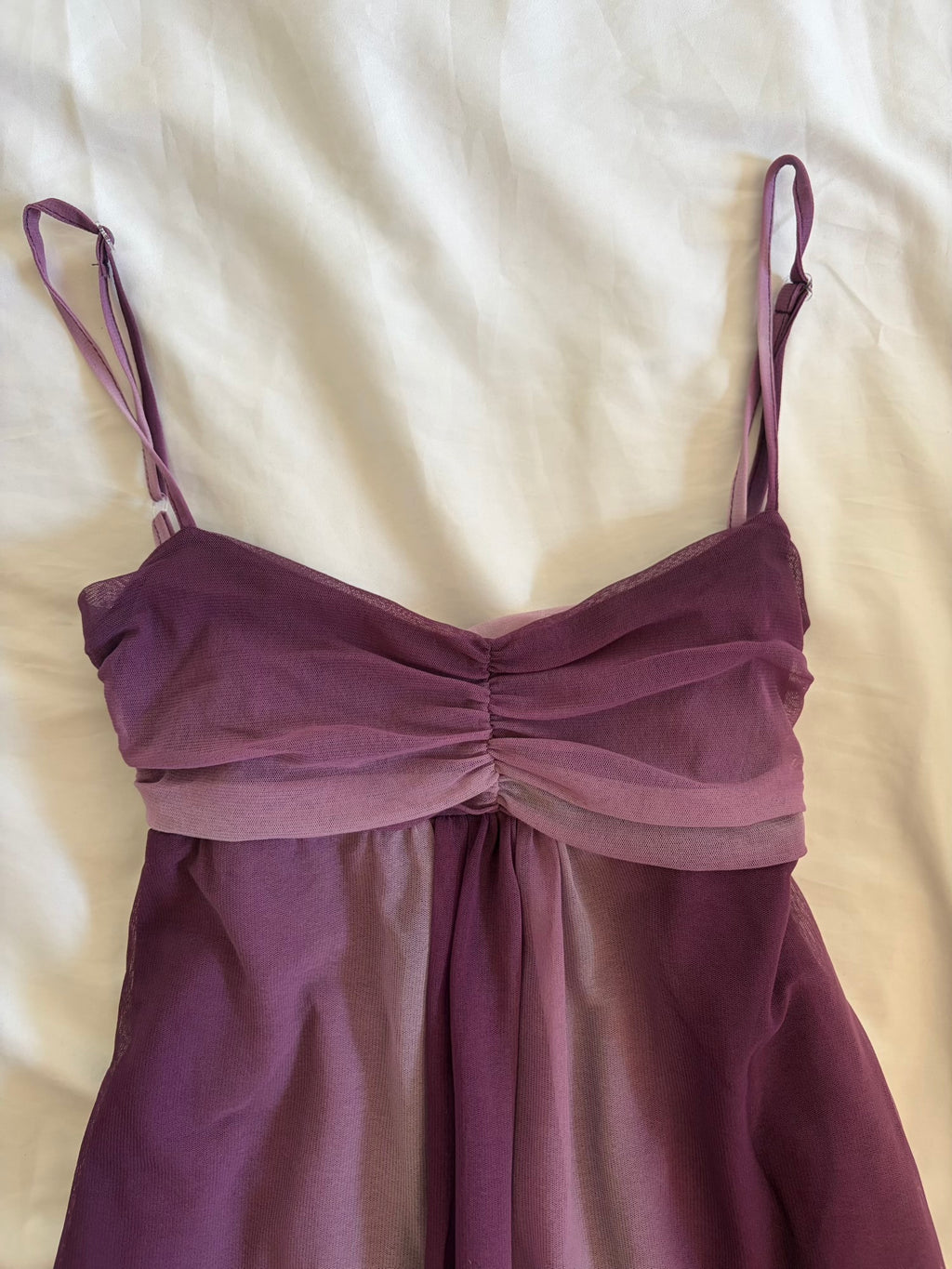 Vintage Y2K Purple Ombre Mesh Cami with Ruched Bust and Asymmetrical Hem