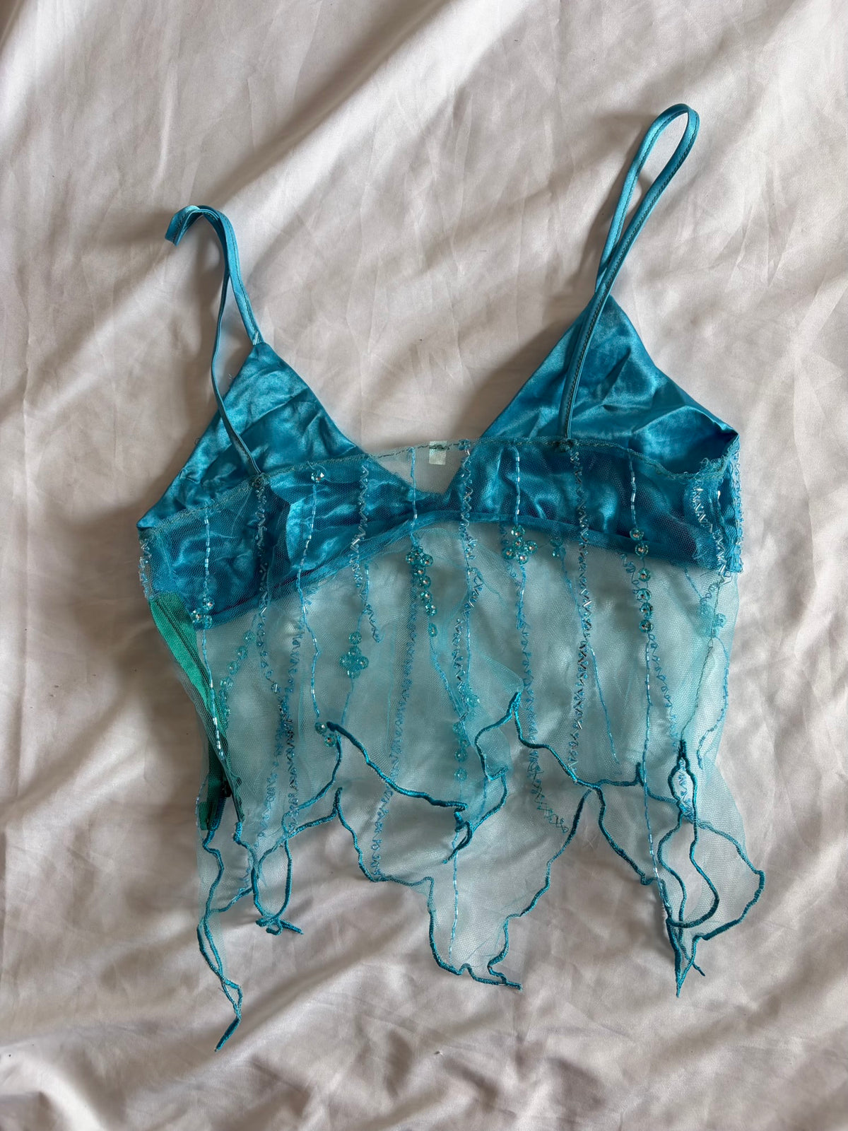 Handmade Handkerchief Hem Turquoise Cami with Beads and Sequins