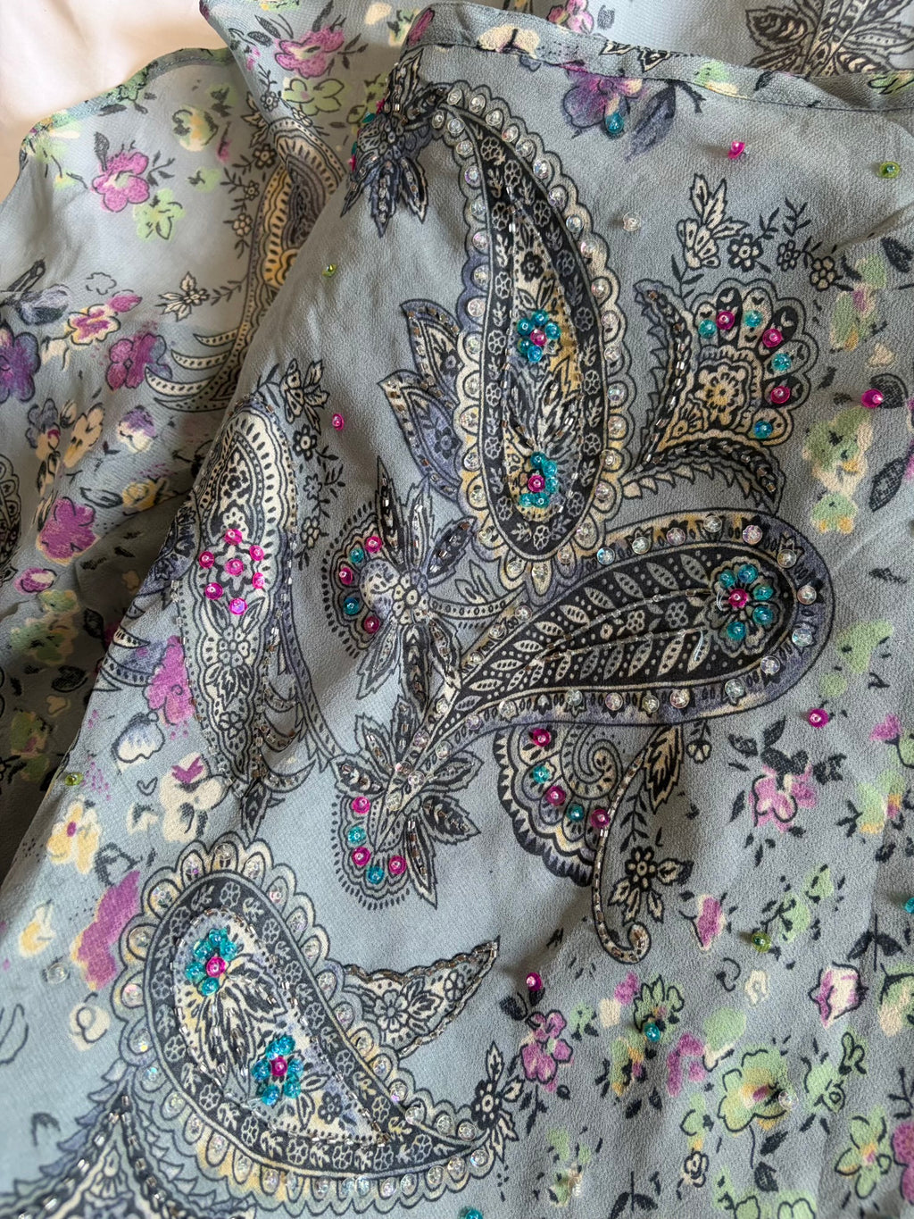 Vintage Y2K Grey Paisley Maxi Skirt with Beaded and Sequin Detail BNWT