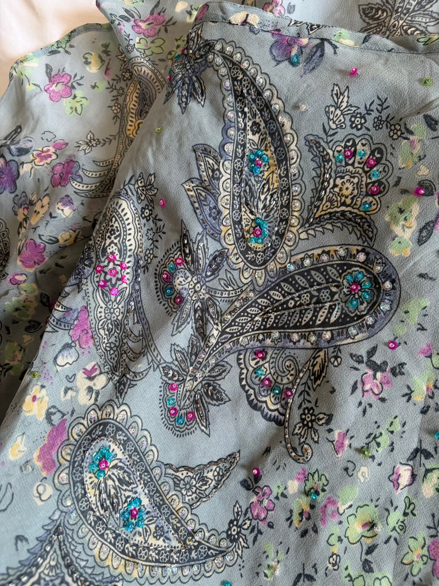 Vintage Y2K Grey Paisley Maxi Skirt with Beaded and Sequin Detail BNWT