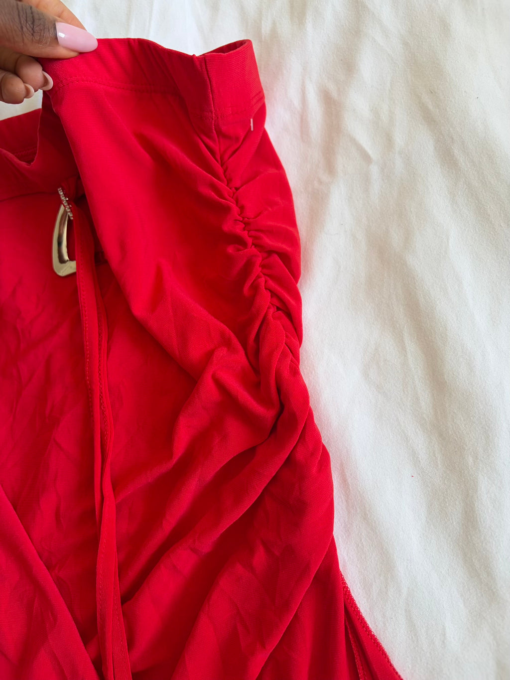 Vintage Y2K French red bandeau top with asymmetrical hem and diamonte detail with side ruching