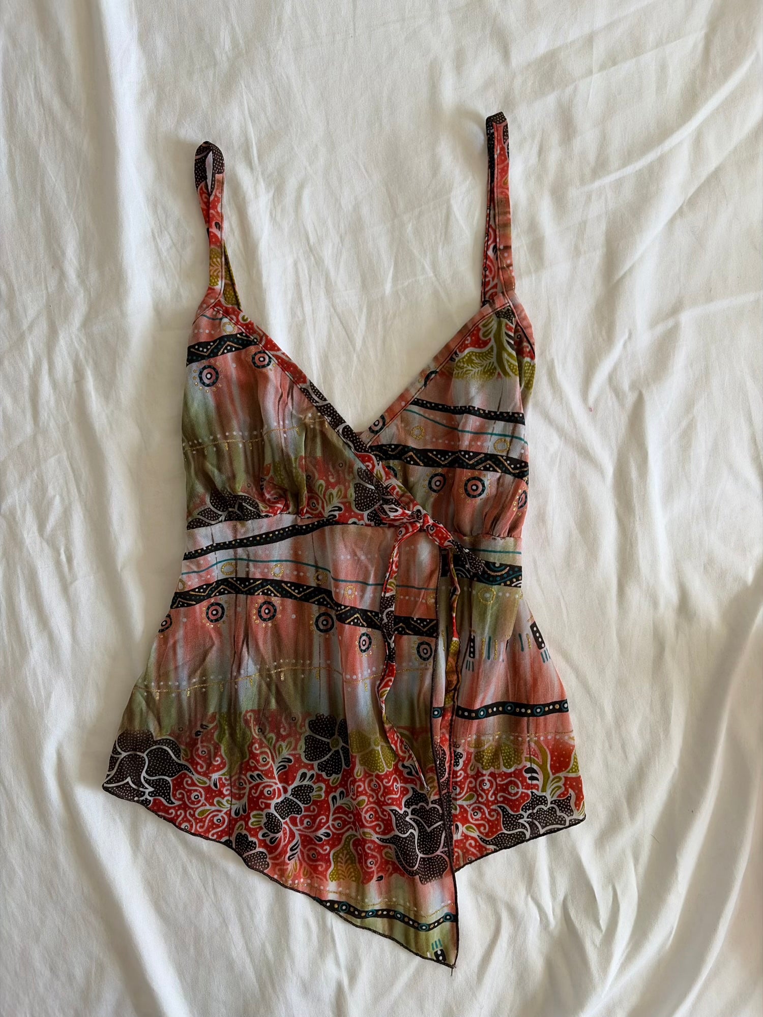 Vintage Y2K French Abstract Asymmetrical Hem Split Front Cami with Sparkles