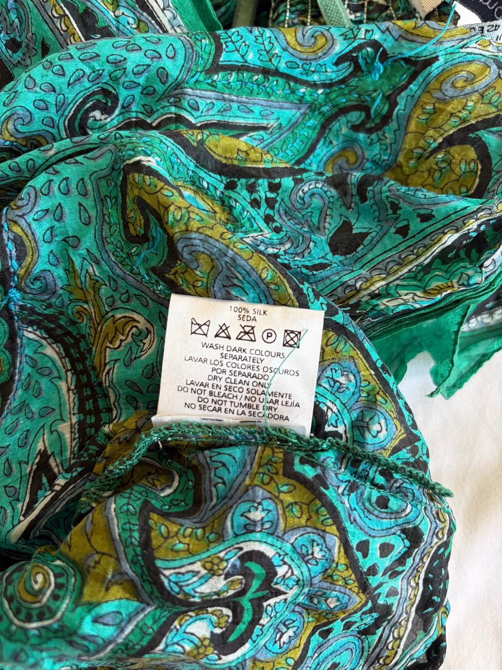 Vintage Y2K green silk paisley handkerchief hem bandeau forest fairy cami with iridescent sequins