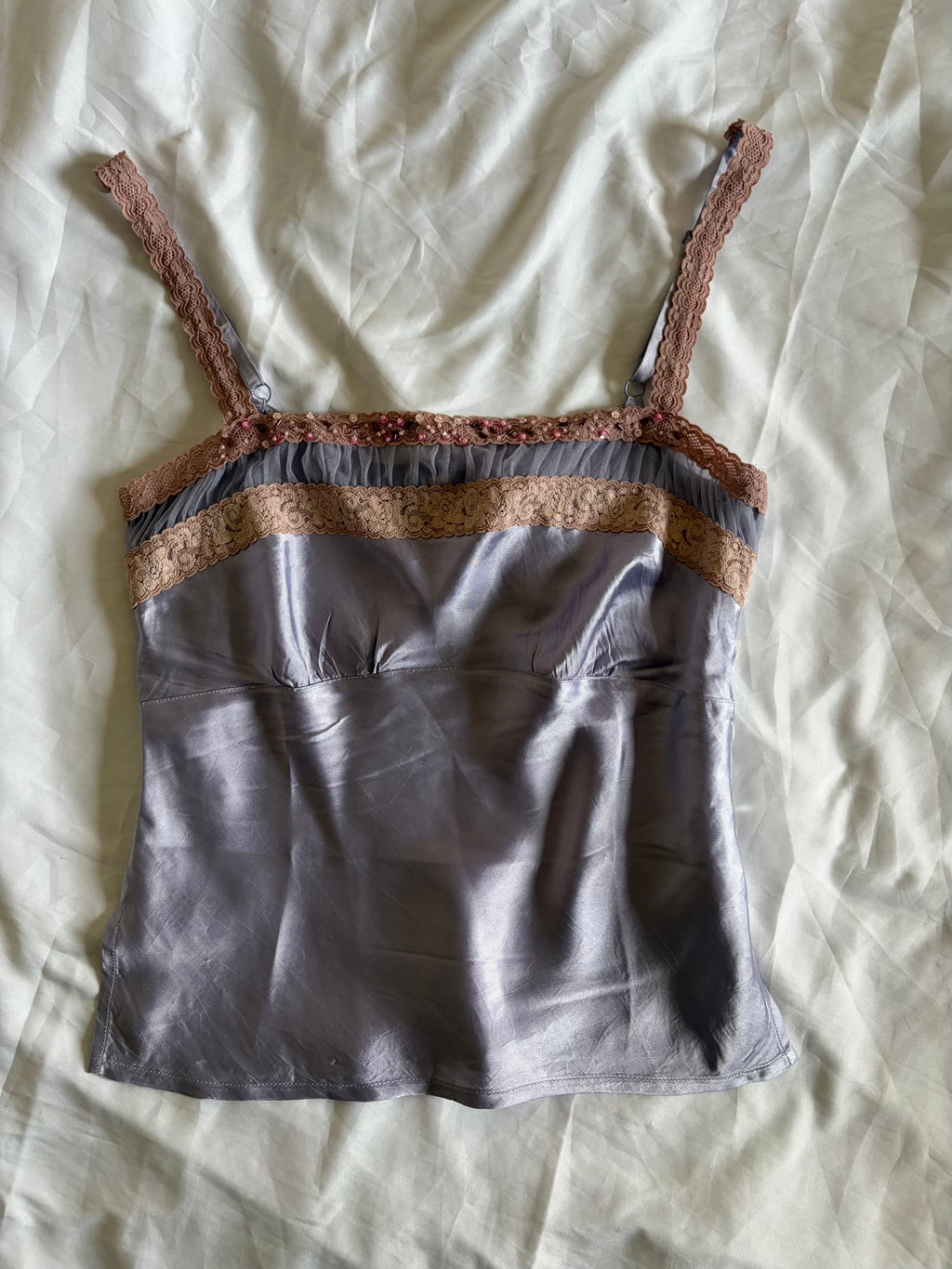 Vintage Y2K Knickerbox Lilac Cami with Lace Detailing, Sequins and Beading