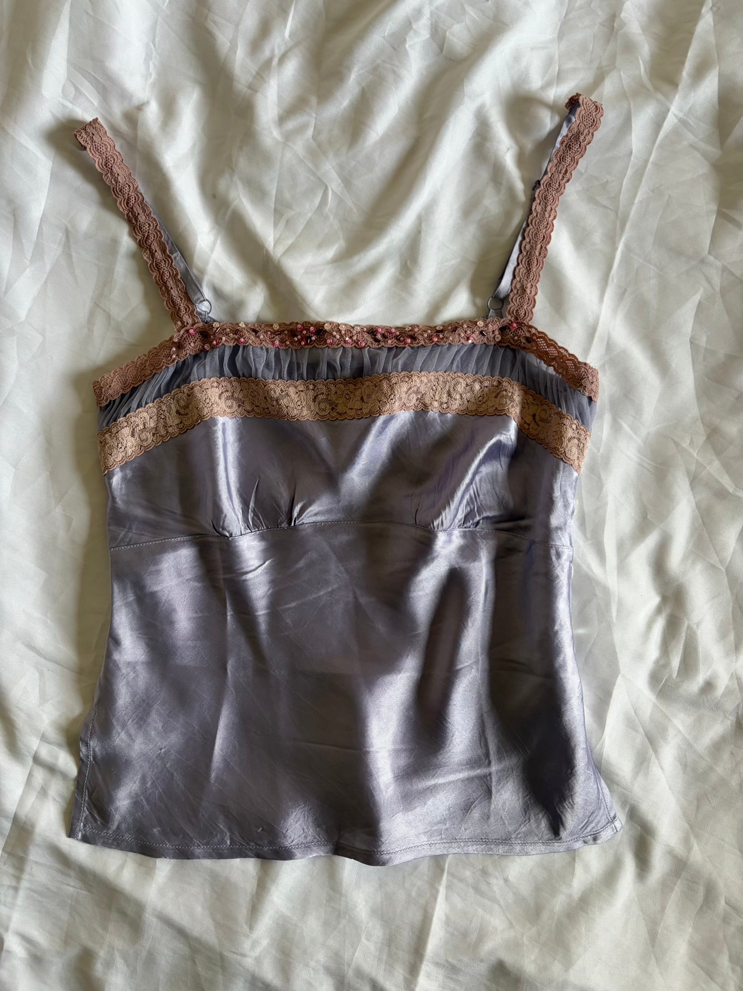 Vintage Y2K Knickerbox Lilac Cami with Lace Detailing, Sequins and Beading