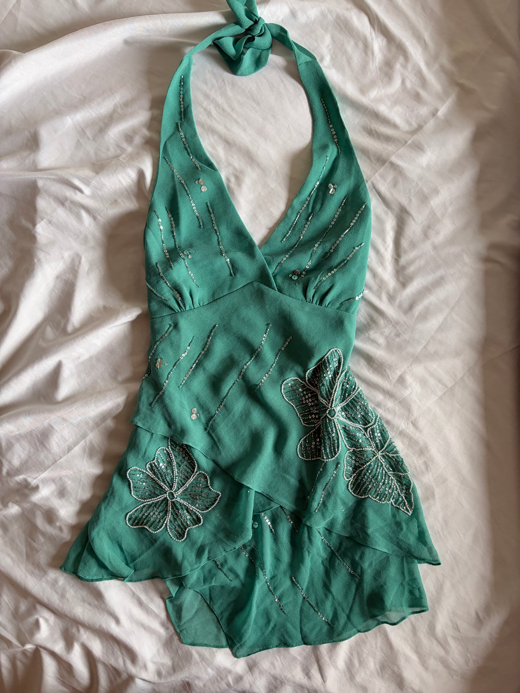 Vintage 2000s Kaleidoscope Turquoise Beaded Sequin Halterneck Cami