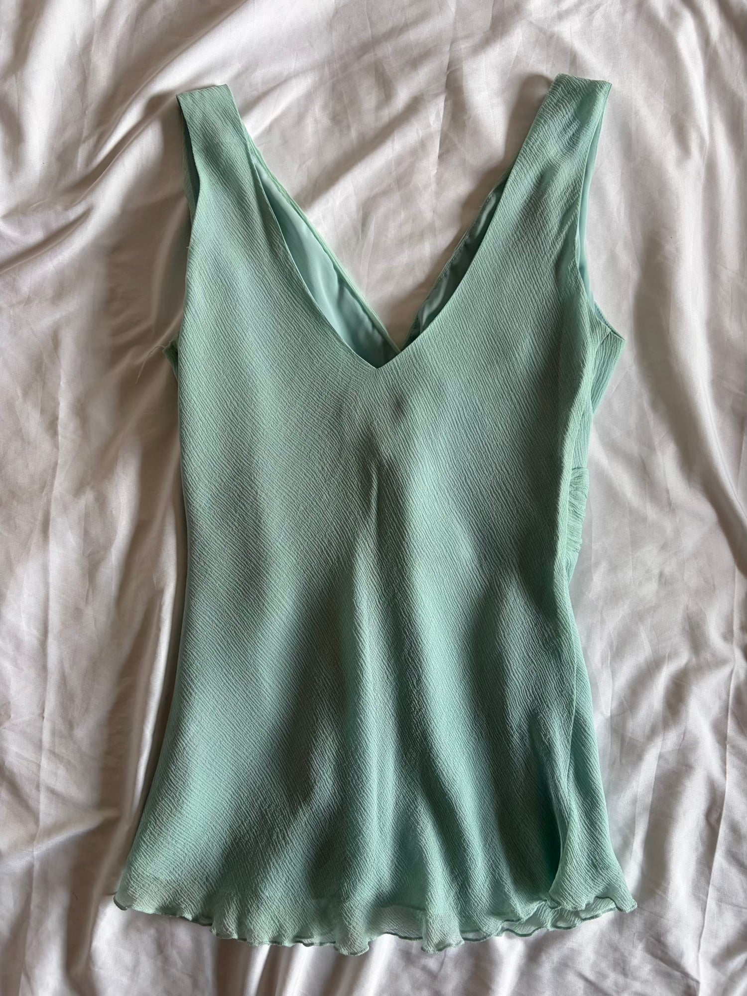 Vintage Y2K Silk Turquoise Top with Ruffle Detail