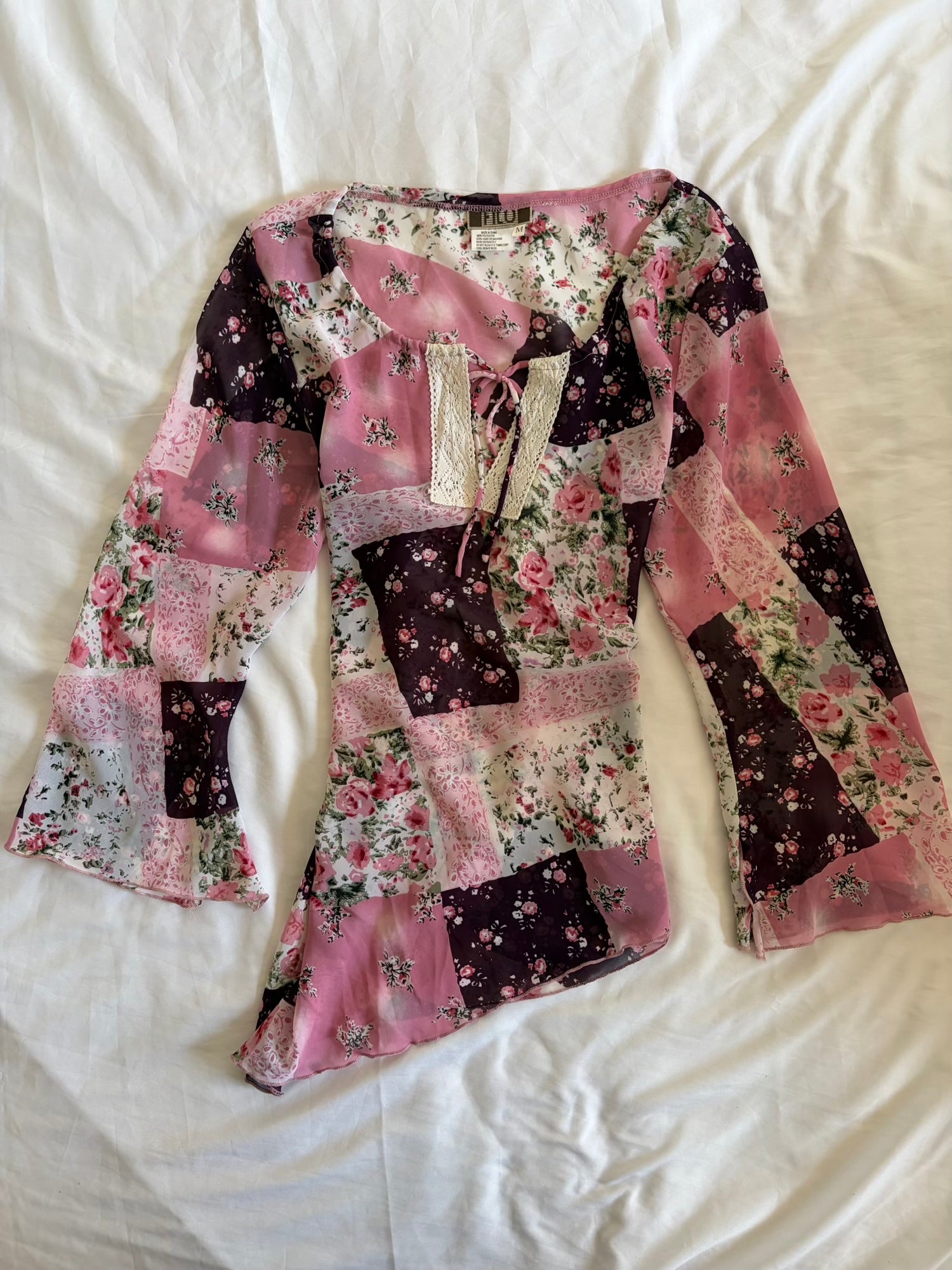 Vintage Y2K Patchwork Floral Asymmetrical Hem Fairy Top