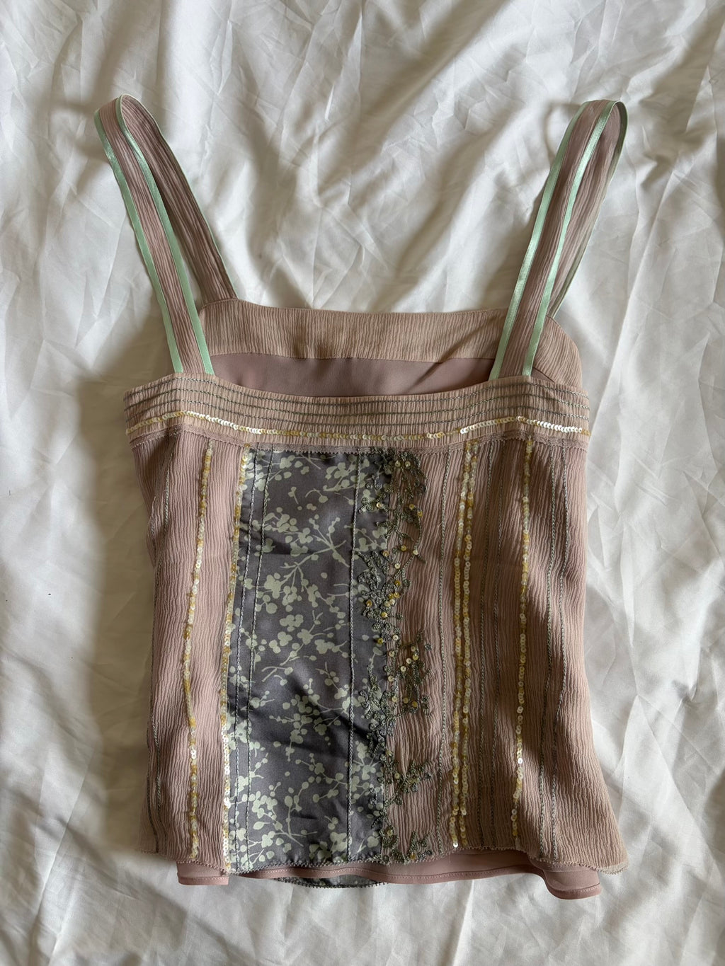 Vintage Y2K Silk Slate Grey and Dusty Pink Cami with Embroidery and Sequins