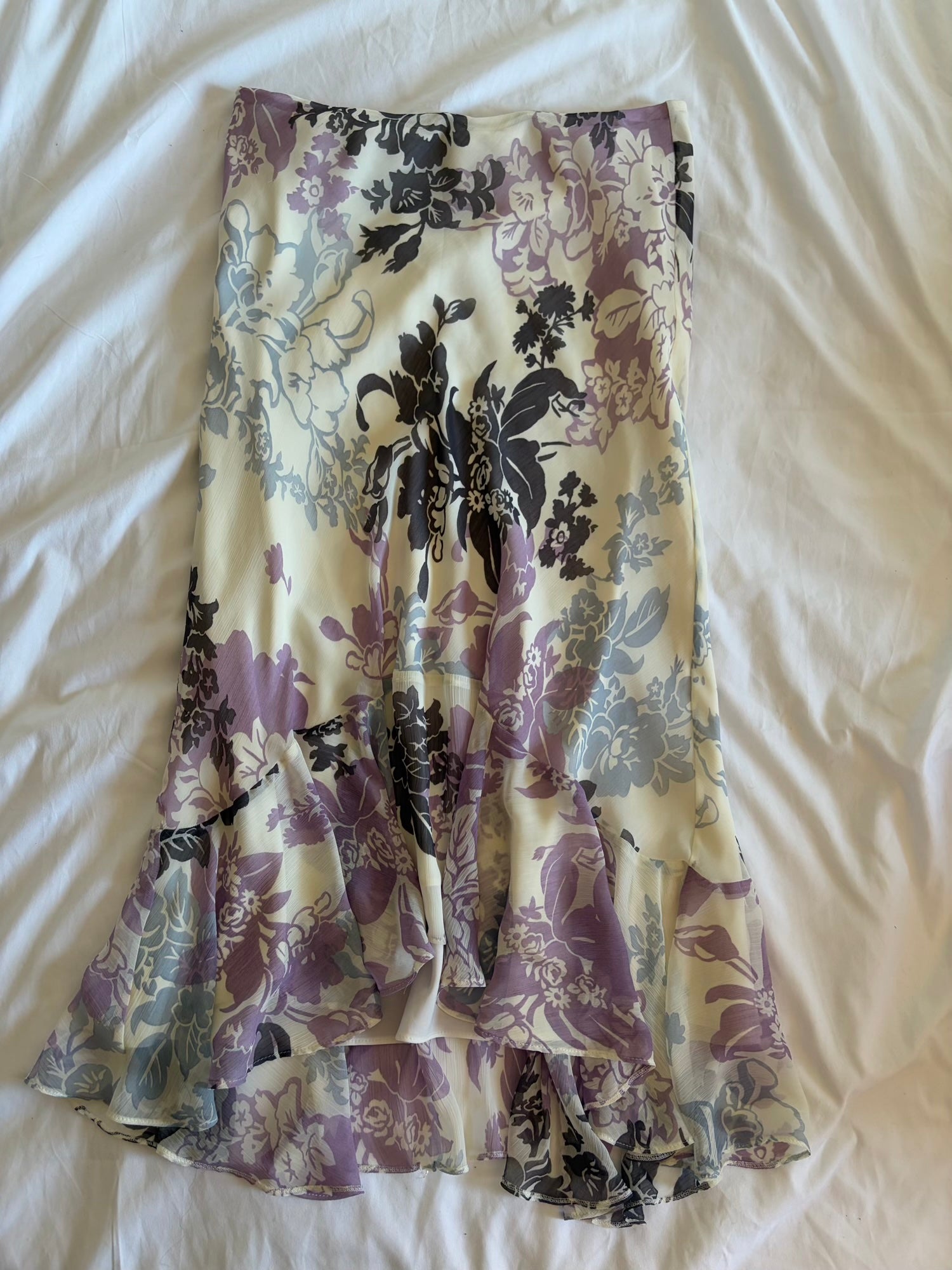 Vintage Y2K cream blue and purple floral floaty midi skirt