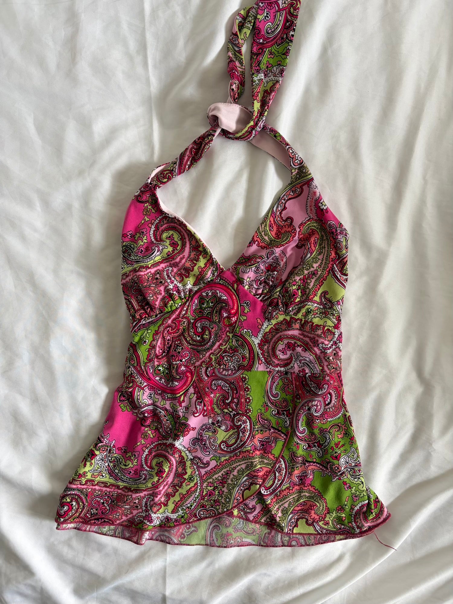 Vintage Y2K Pink and Green Paisley Halterneck Cami